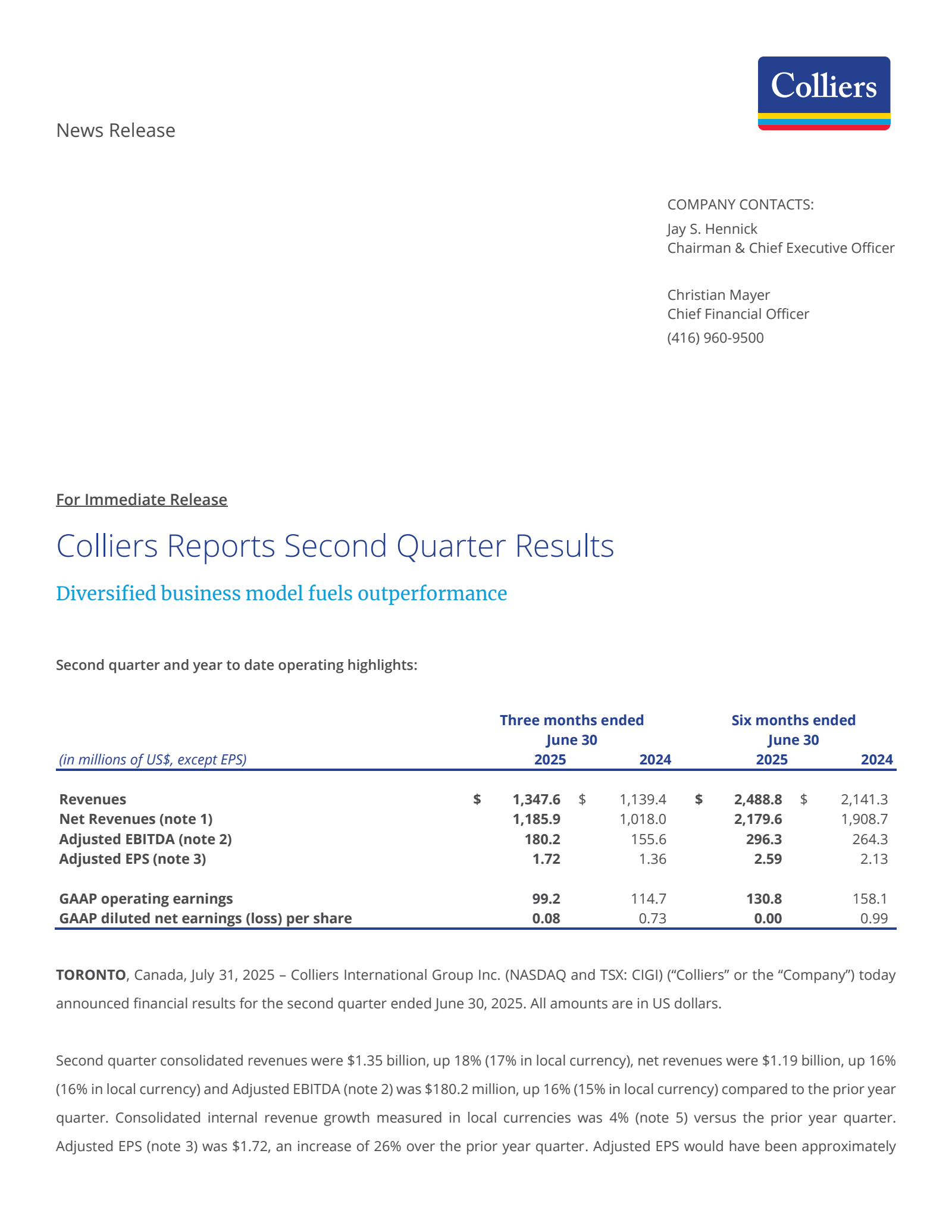 Colliers International Group's Q2 2025 Earnings Release