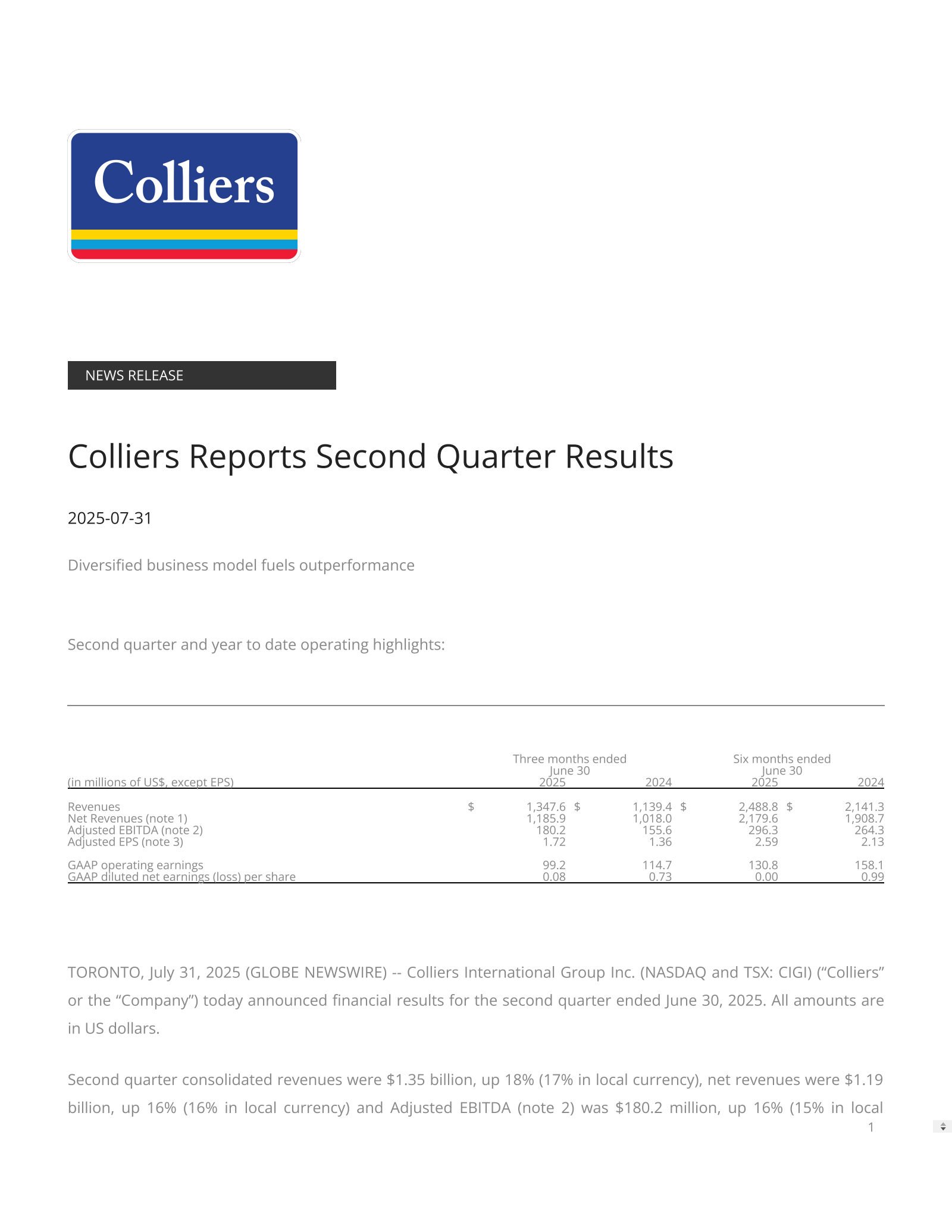 Colliers International Group's Q2 2025 Press Release