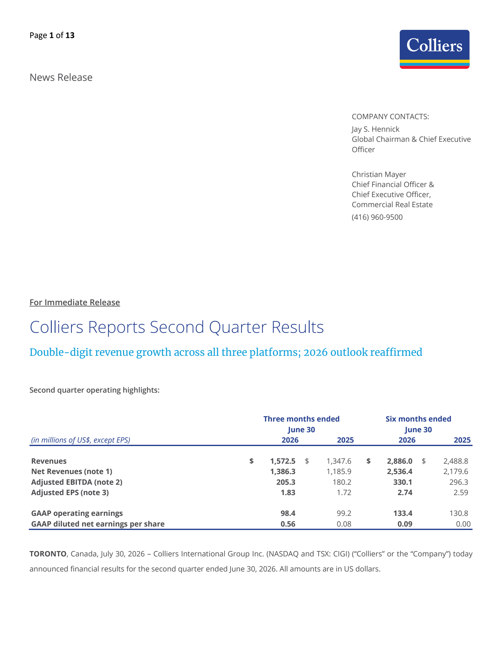 Colliers International Group's Q2 2026 Press Release