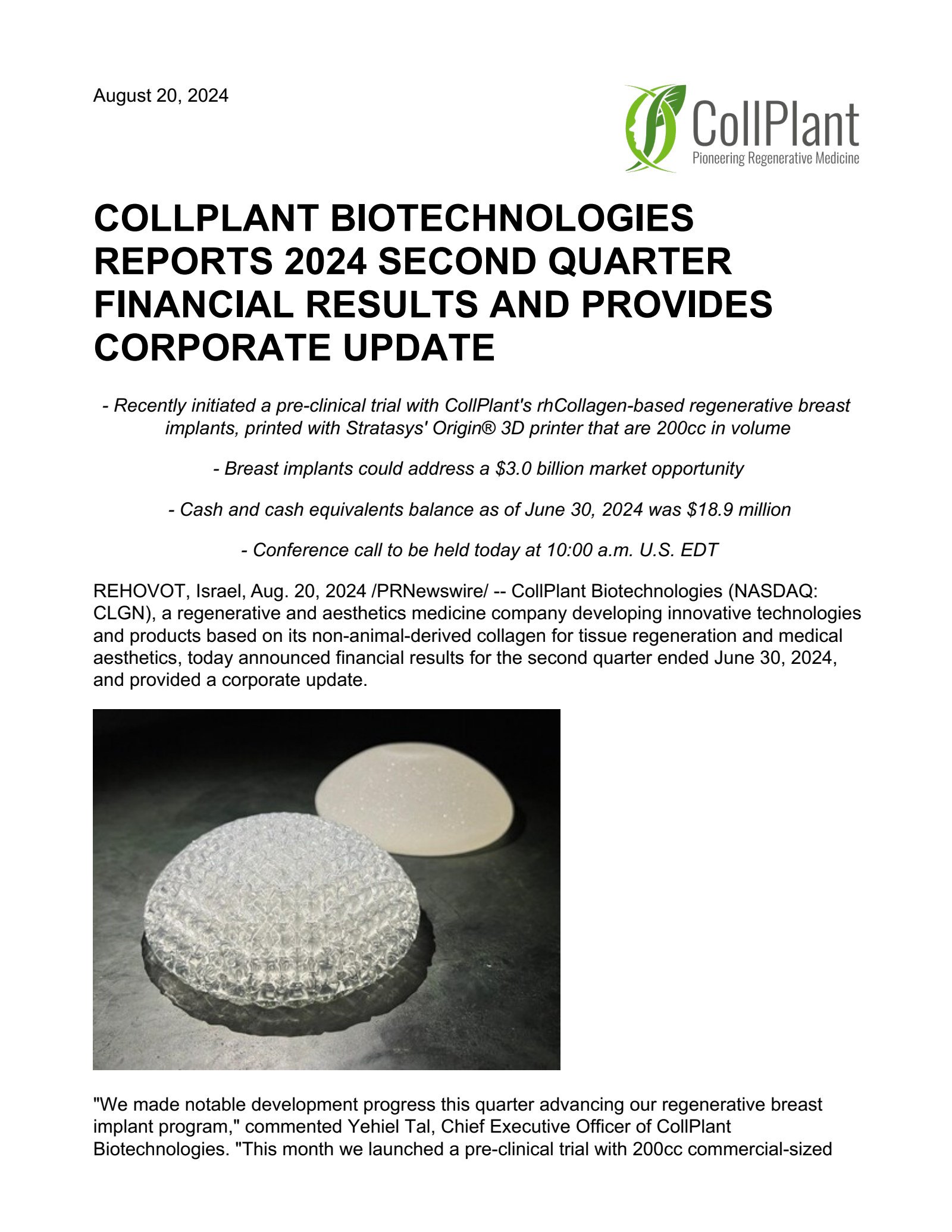 CollPlant Biotechnologies' Q2 2024 Press Release