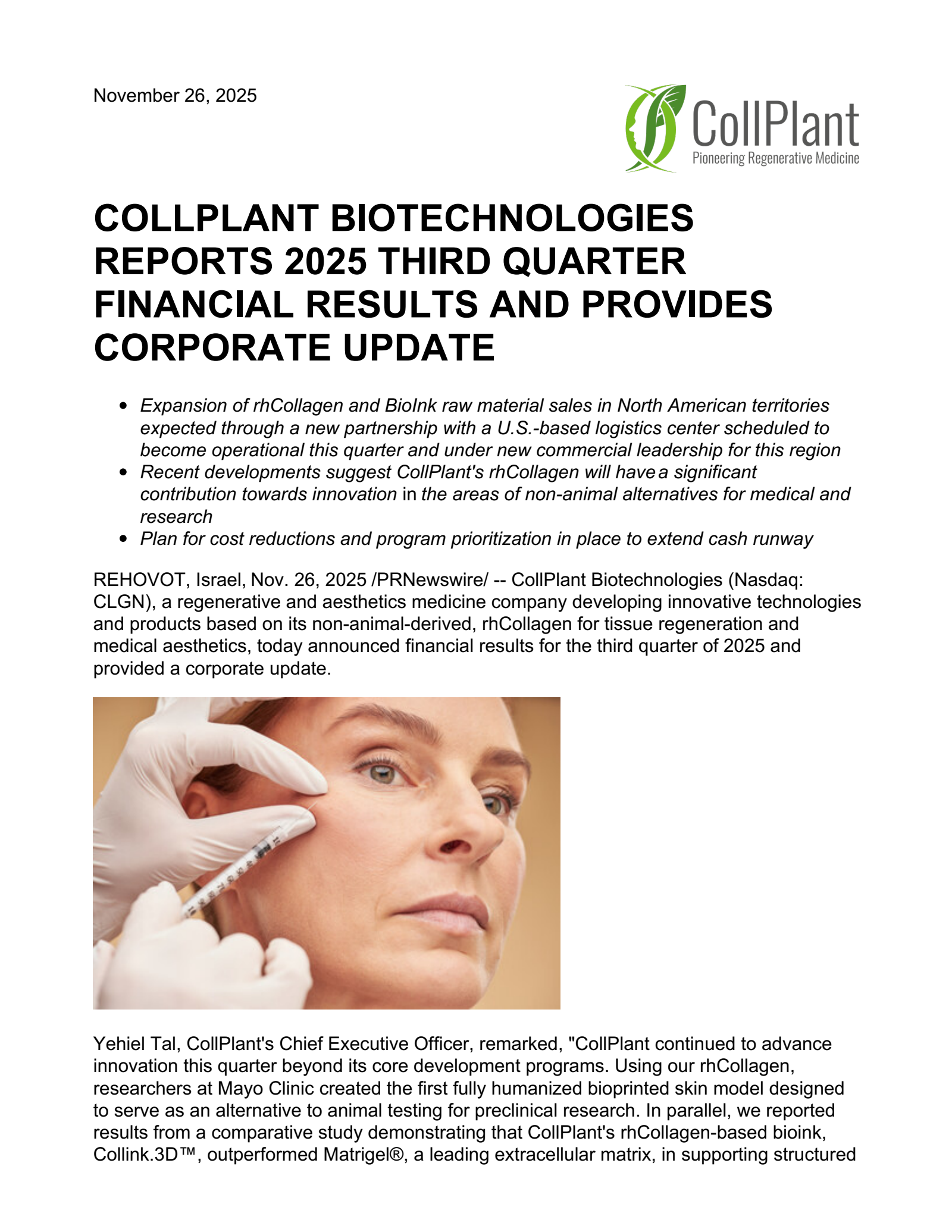 CollPlant Biotechnologies' Q3 2025 Earnings Release