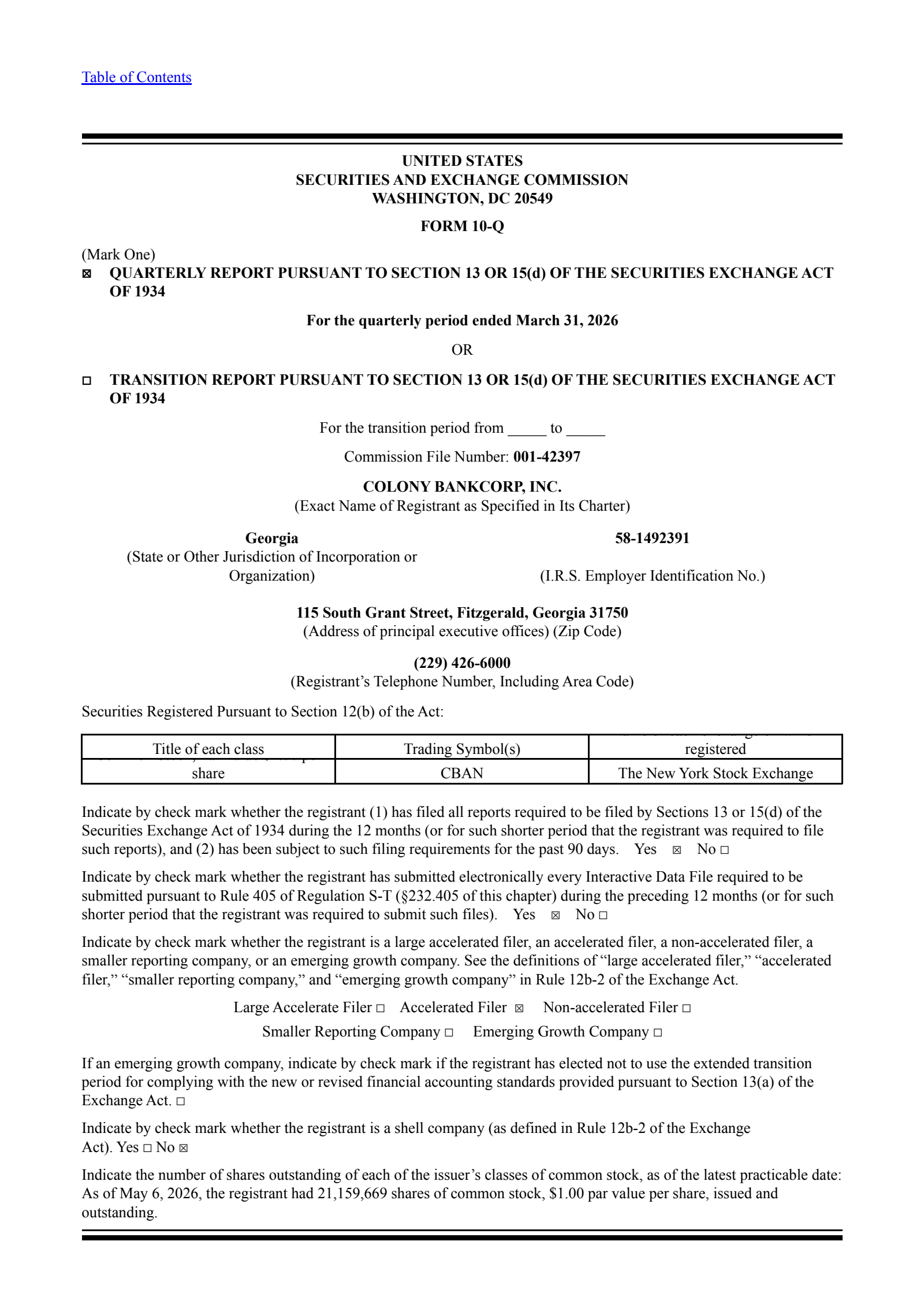 Colony Bankcorp's Q1 2026 Quarterly report