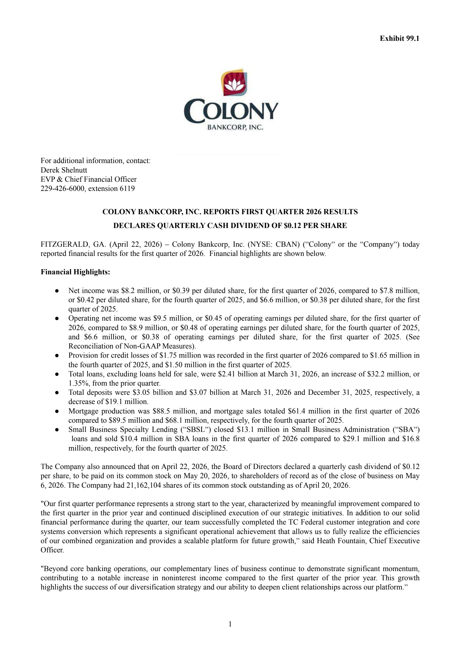 Colony Bankcorp's Q1 2026 Press Release