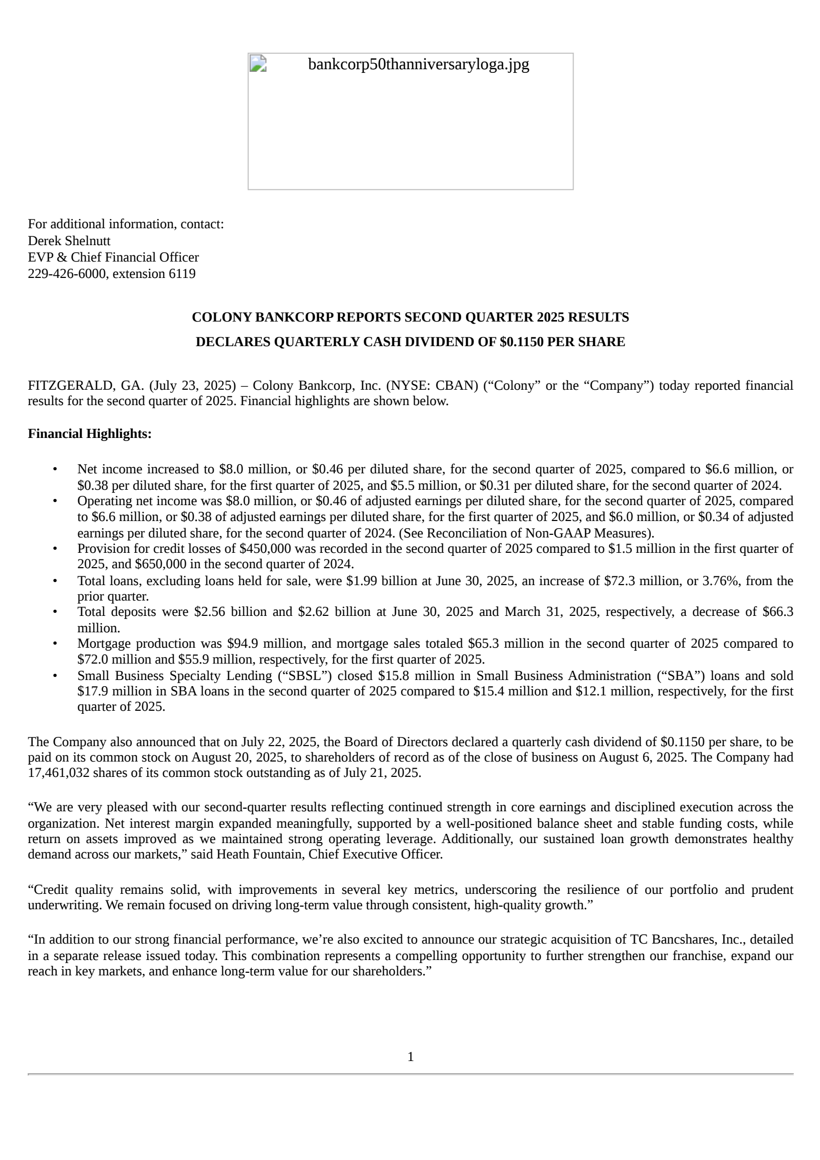 Colony Bankcorp's Q2 2025 Press Release