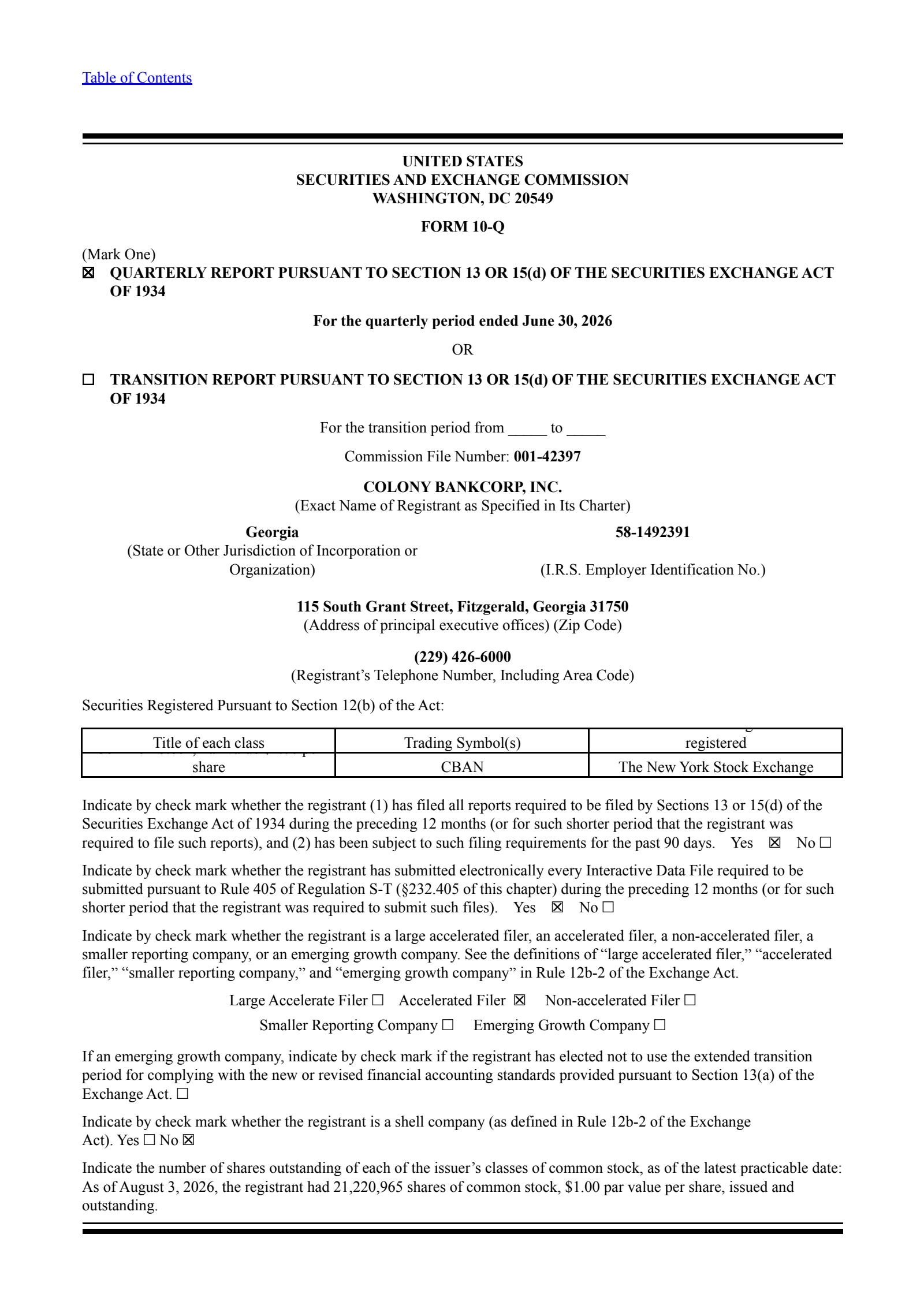 Colony Bankcorp's Q2 2026 Quarterly report