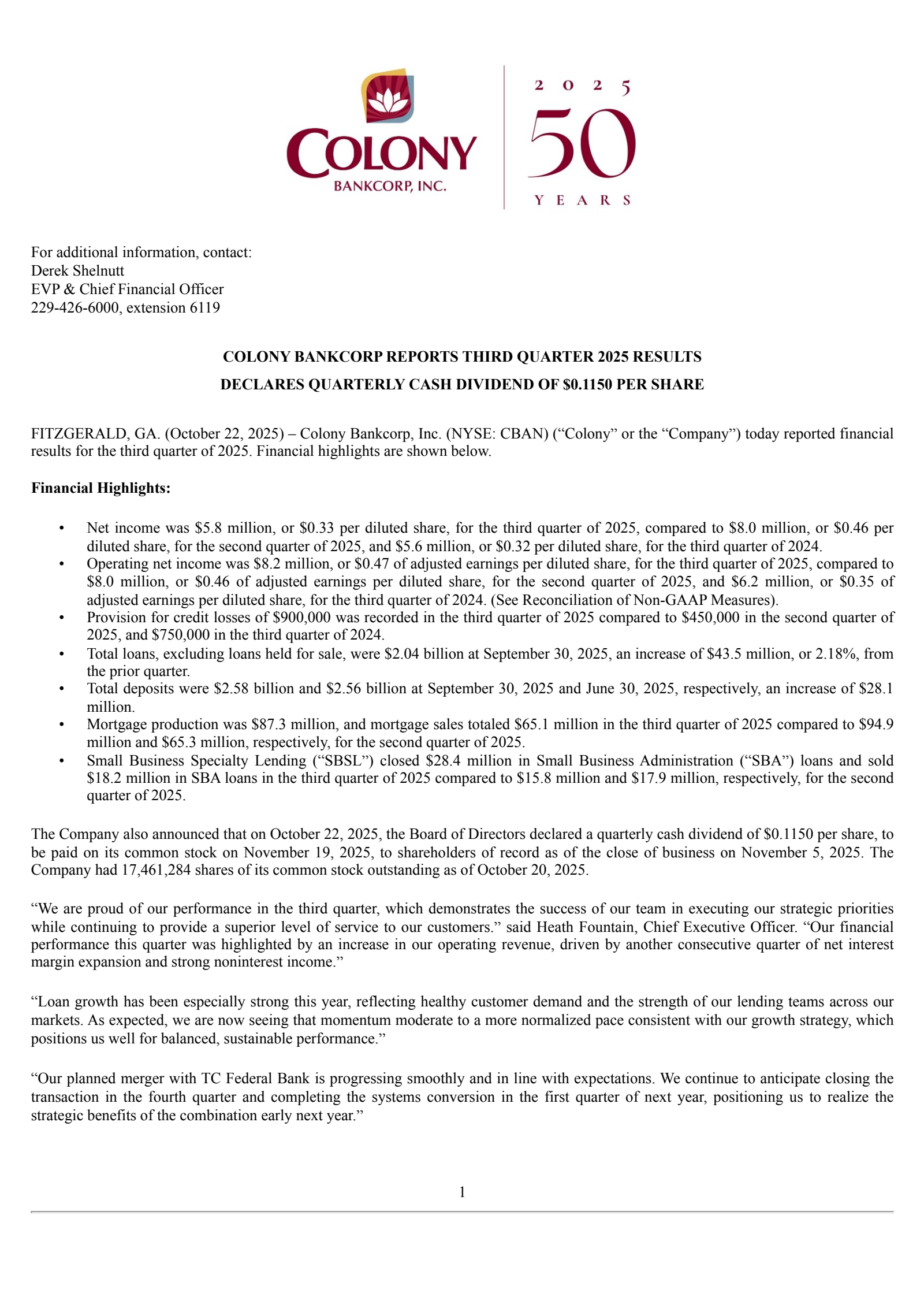 Colony Bankcorp's Q3 2025 Earnings Release