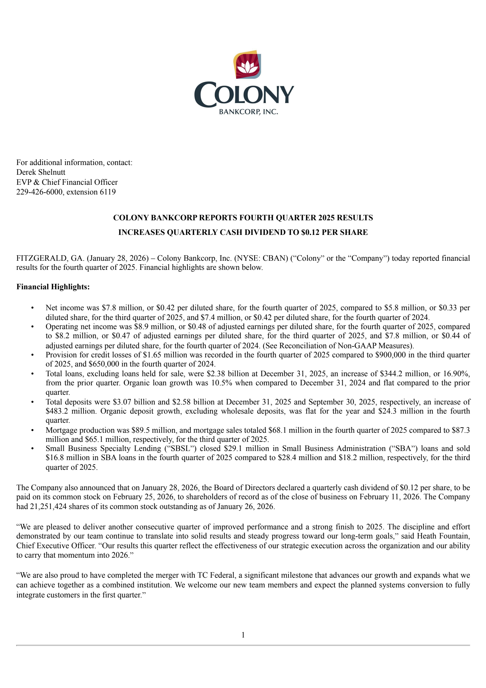 Colony Bankcorp's Q4 2025 Press Release