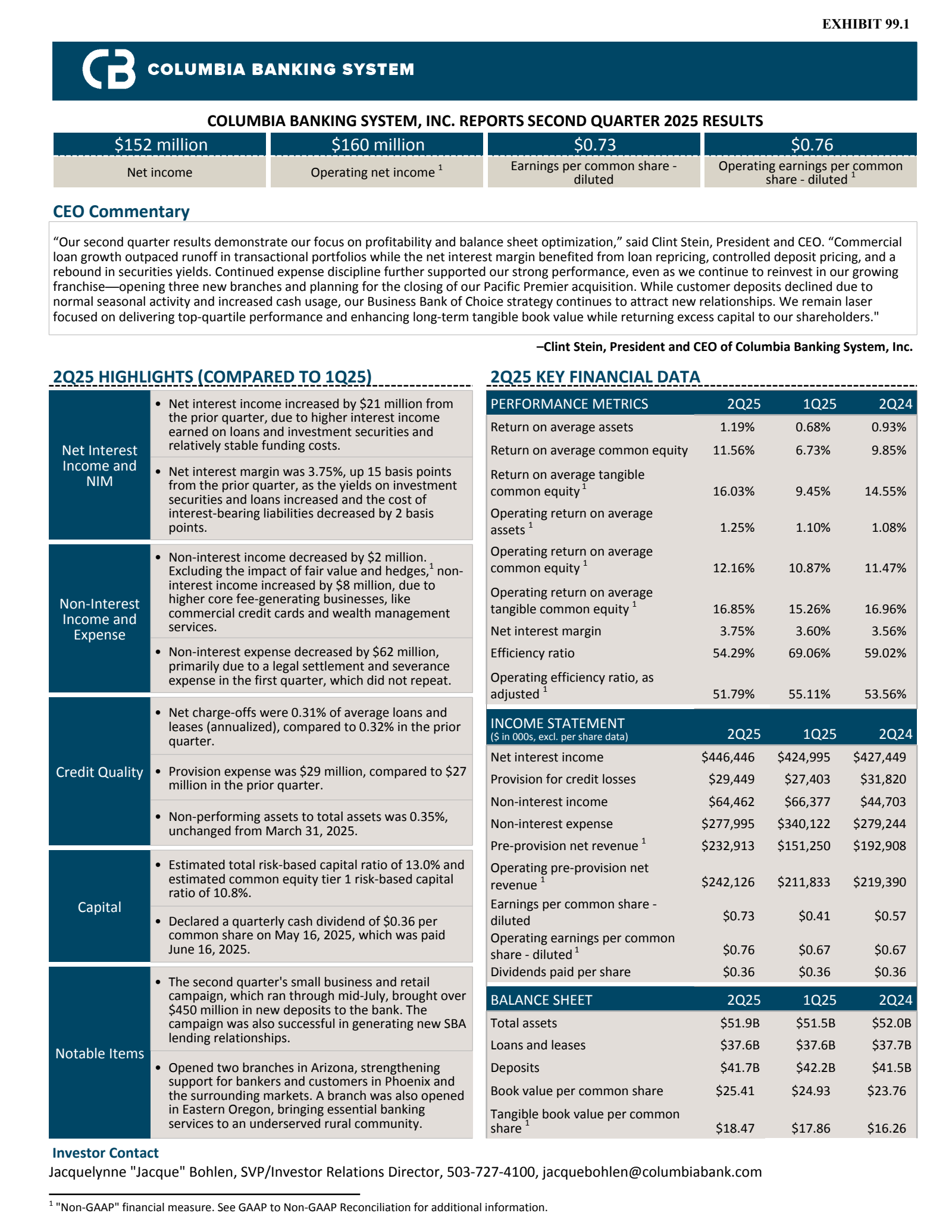 Columbia Banking System's Q2 2025 Press Release