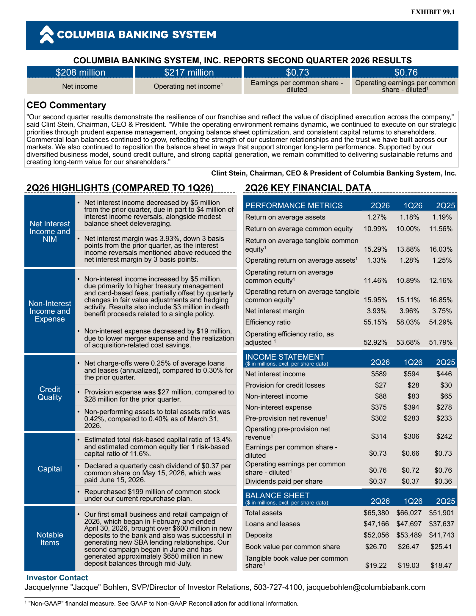 Columbia Banking System's Q2 2026 Press Release
