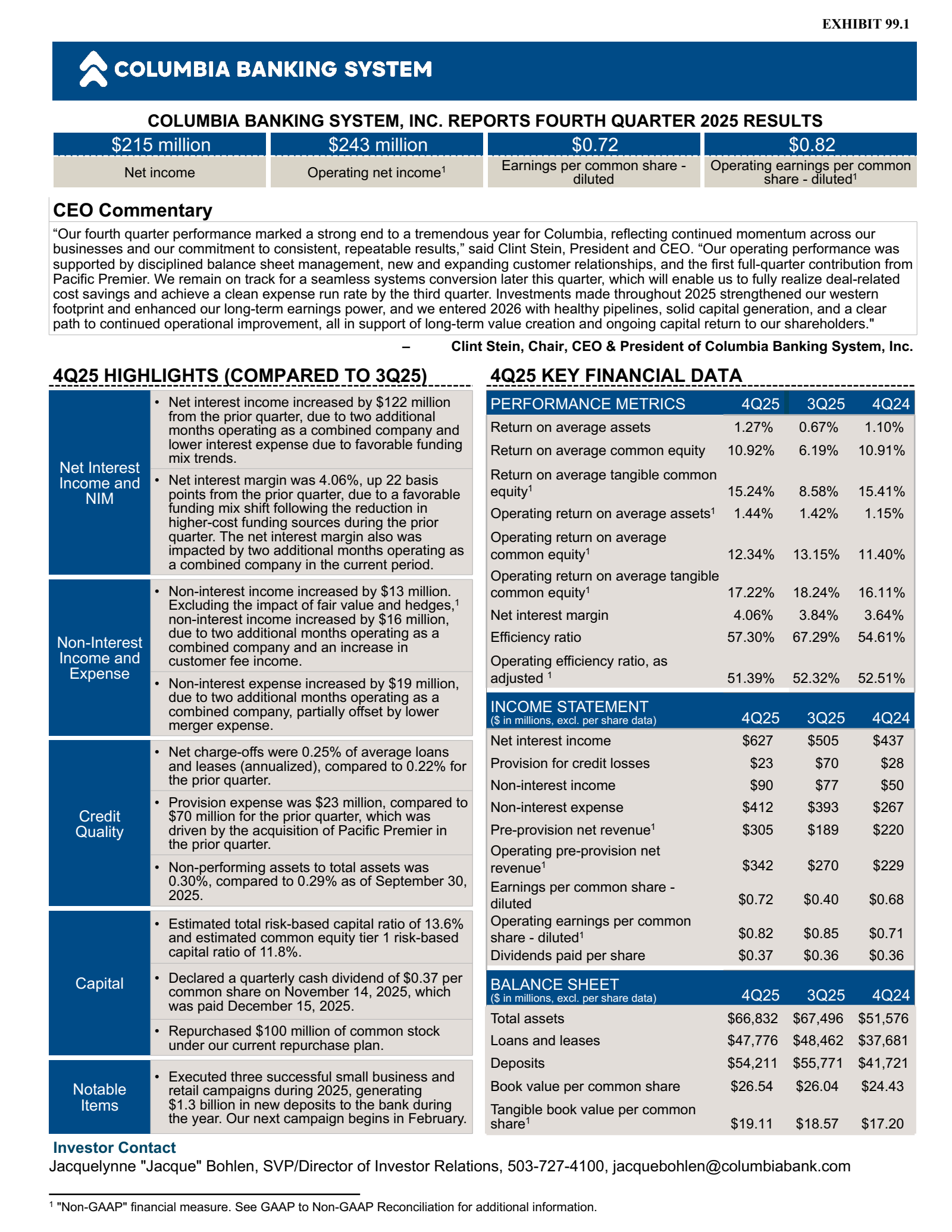 Columbia Banking System's Q4 2025 Press Release