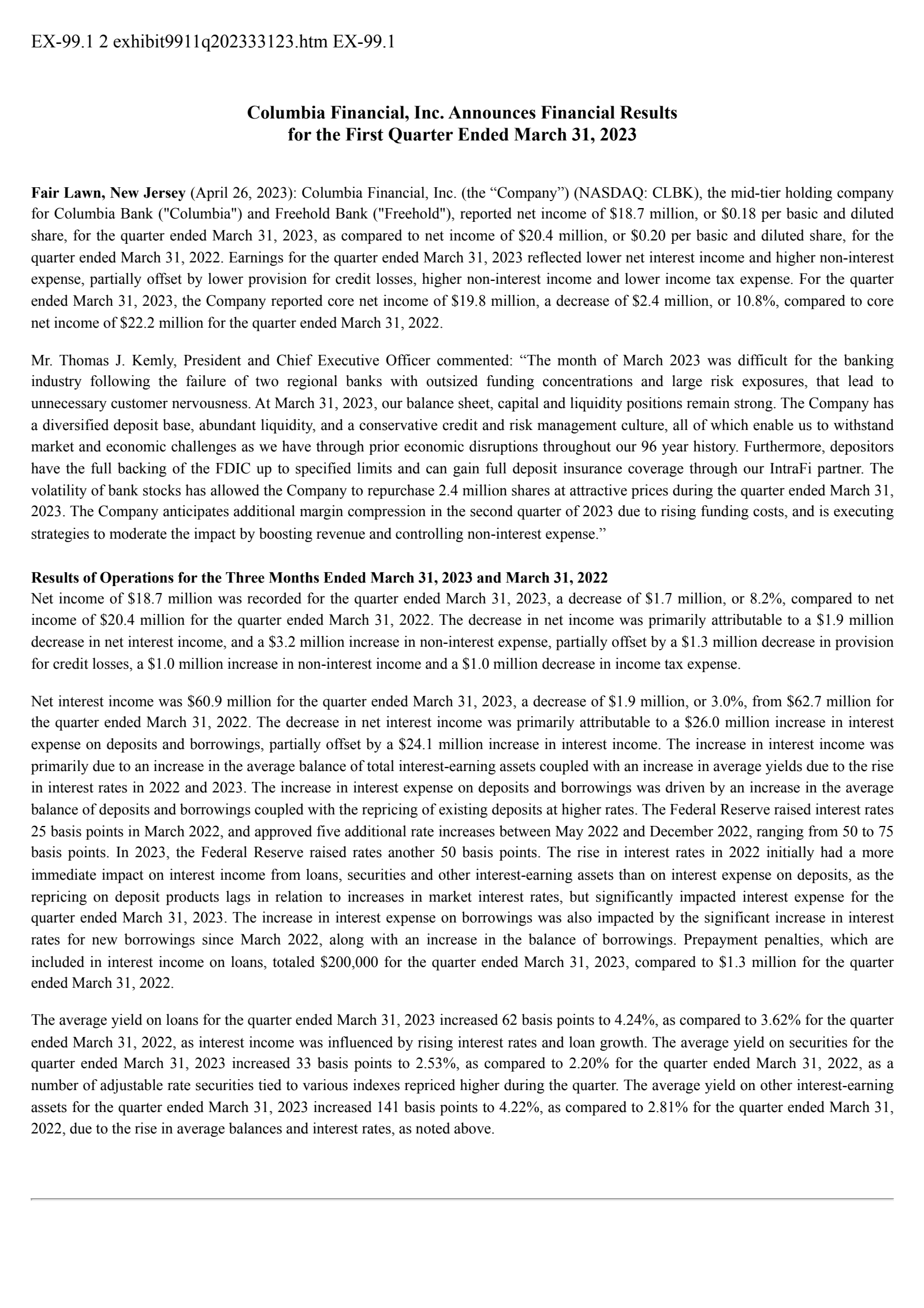 Columbia Financial's Q1 2023 Press Release
