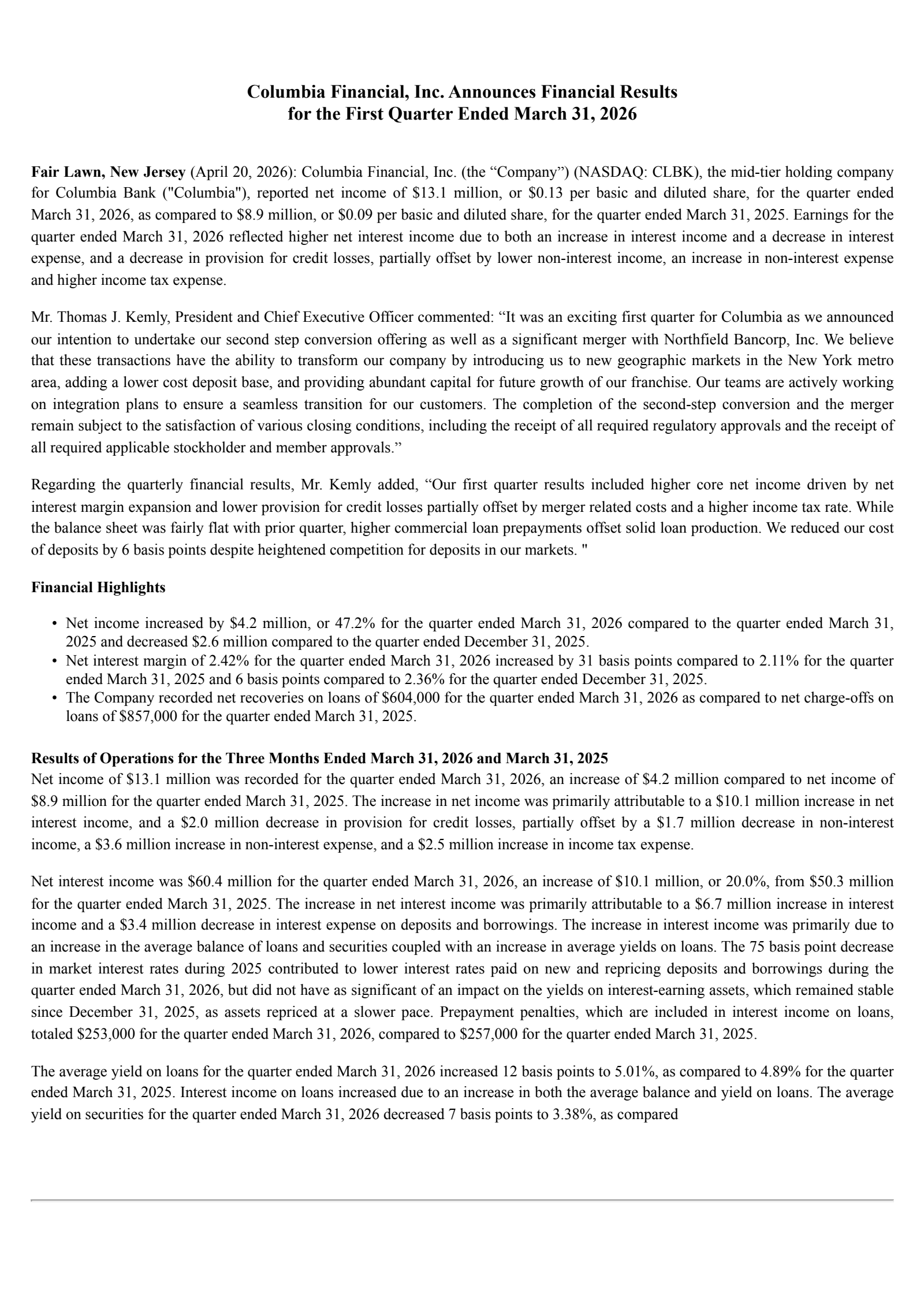 Columbia Financial's Q1 2026 Press Release