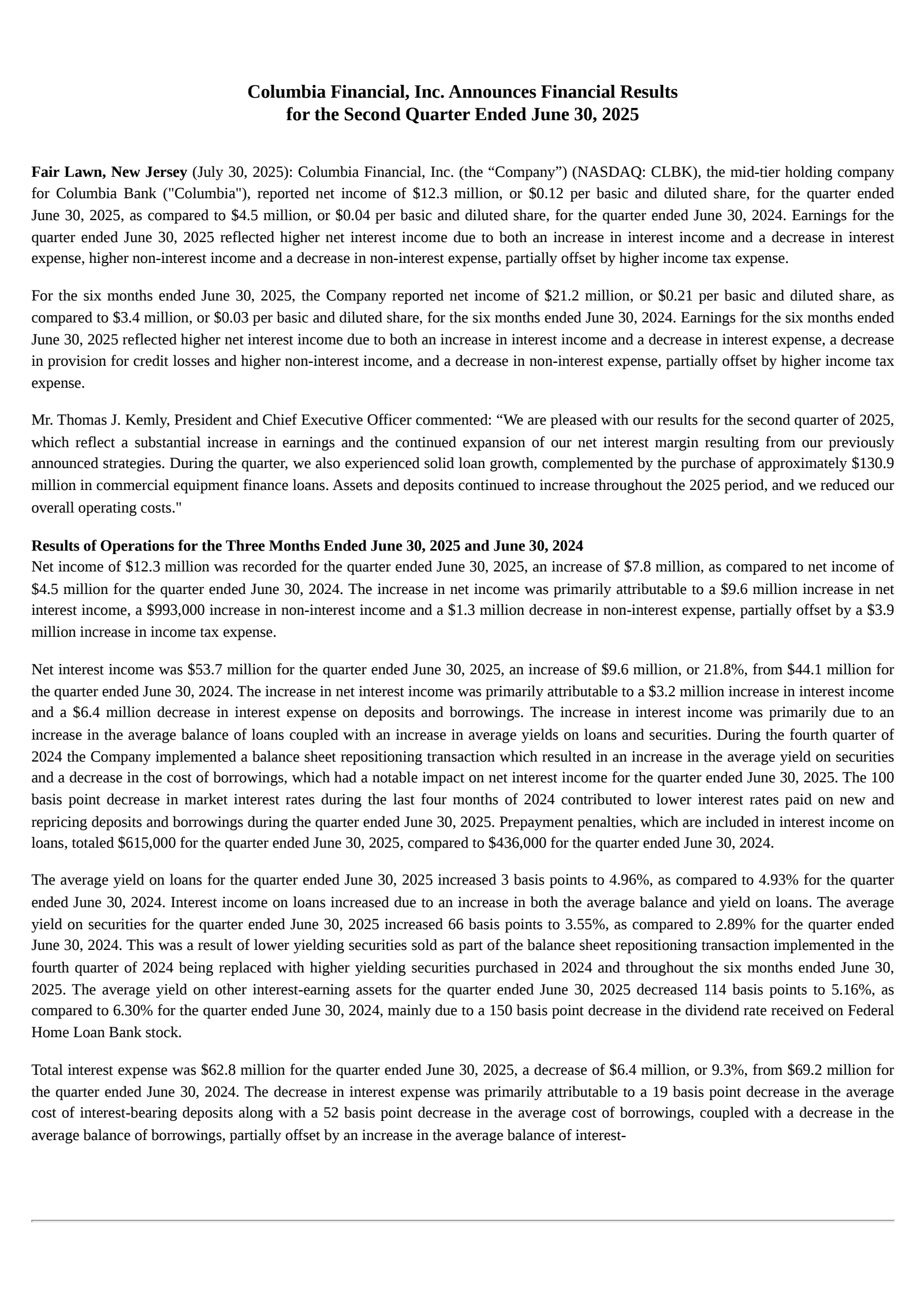 Columbia Financial's Q2 2025 Press Release