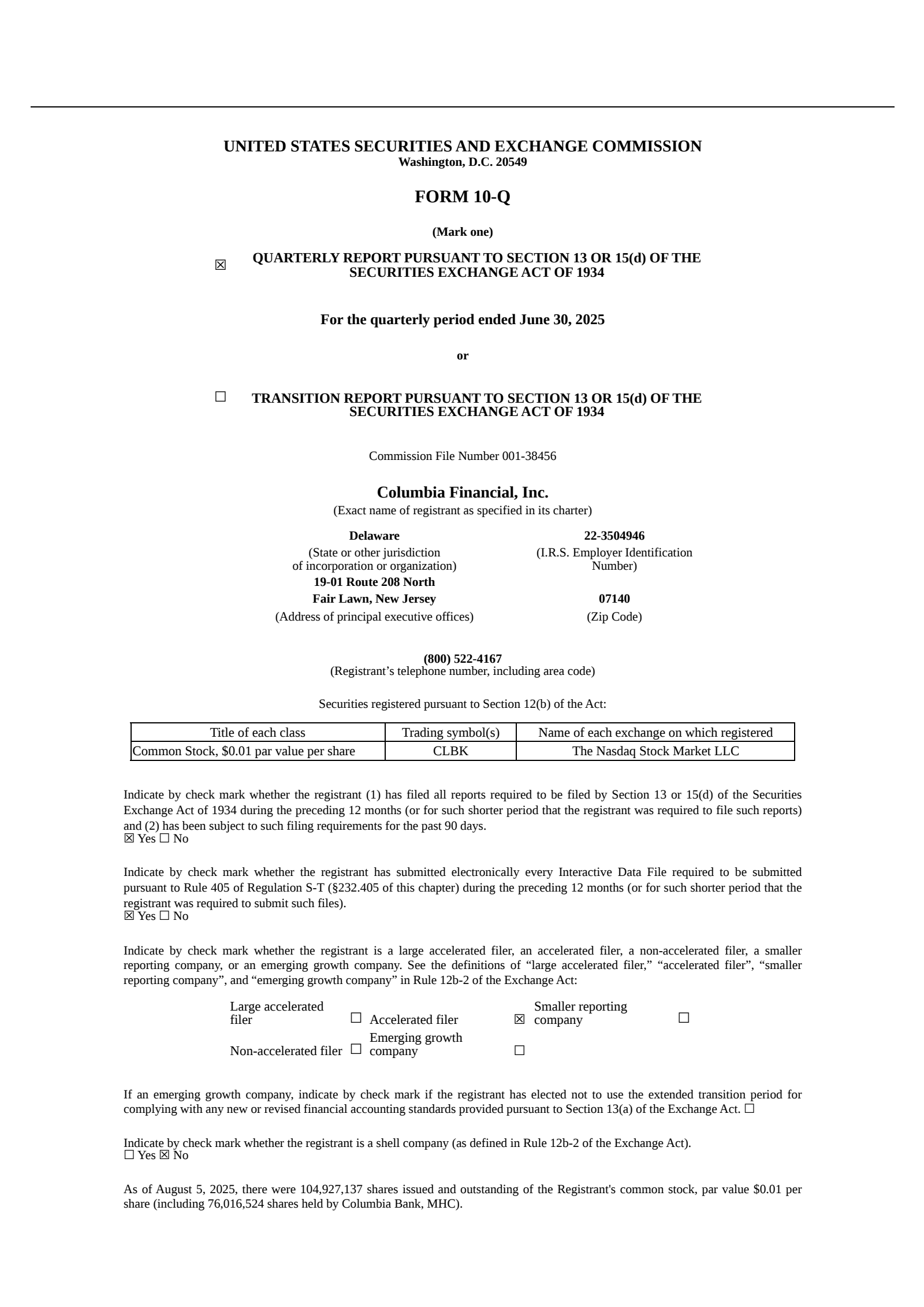 Columbia Financial's Q2 2025 Quarterly report