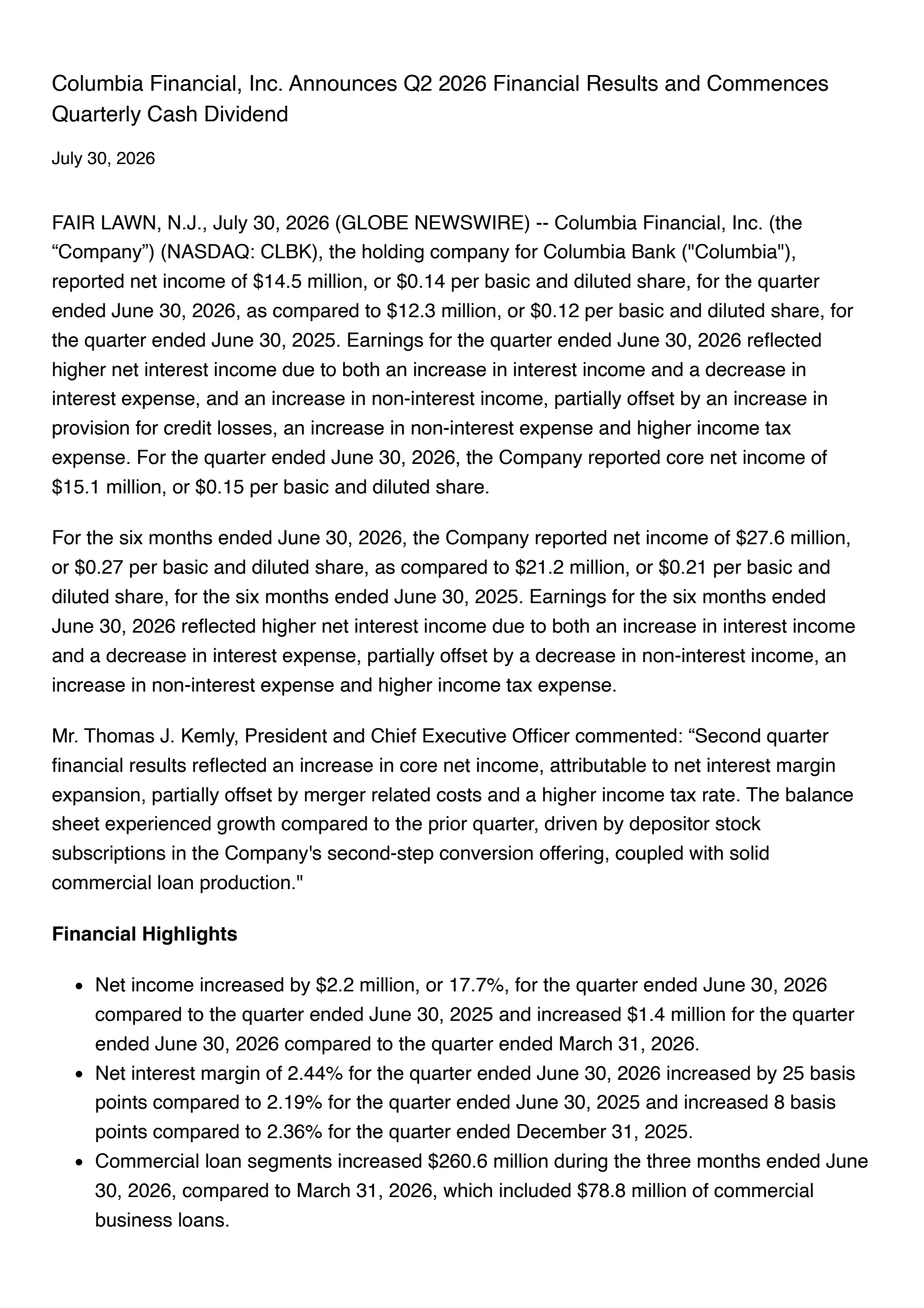 Columbia Financial's Q2 2026 Press Release