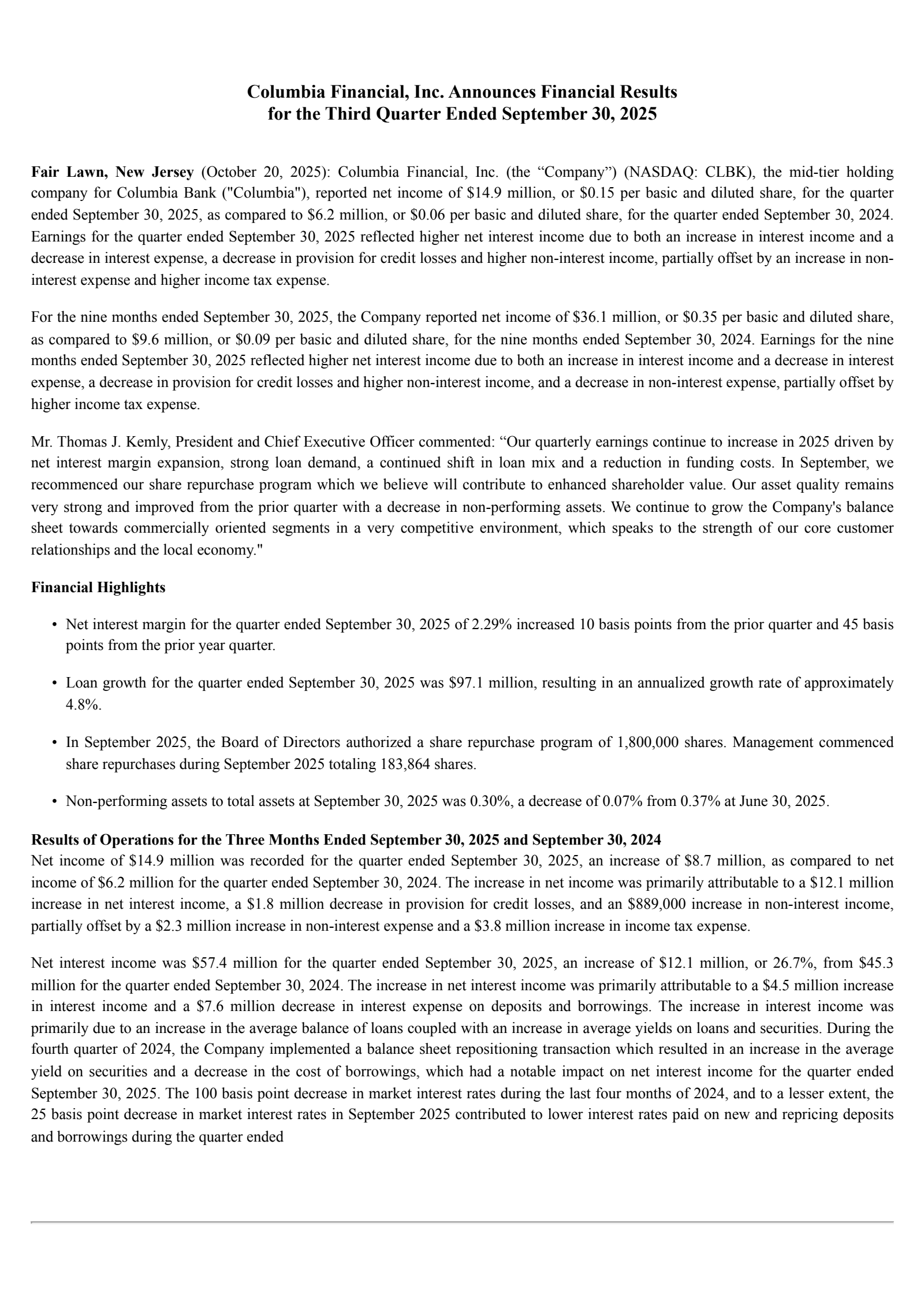 Columbia Financial's Q3 2025 Earnings Release