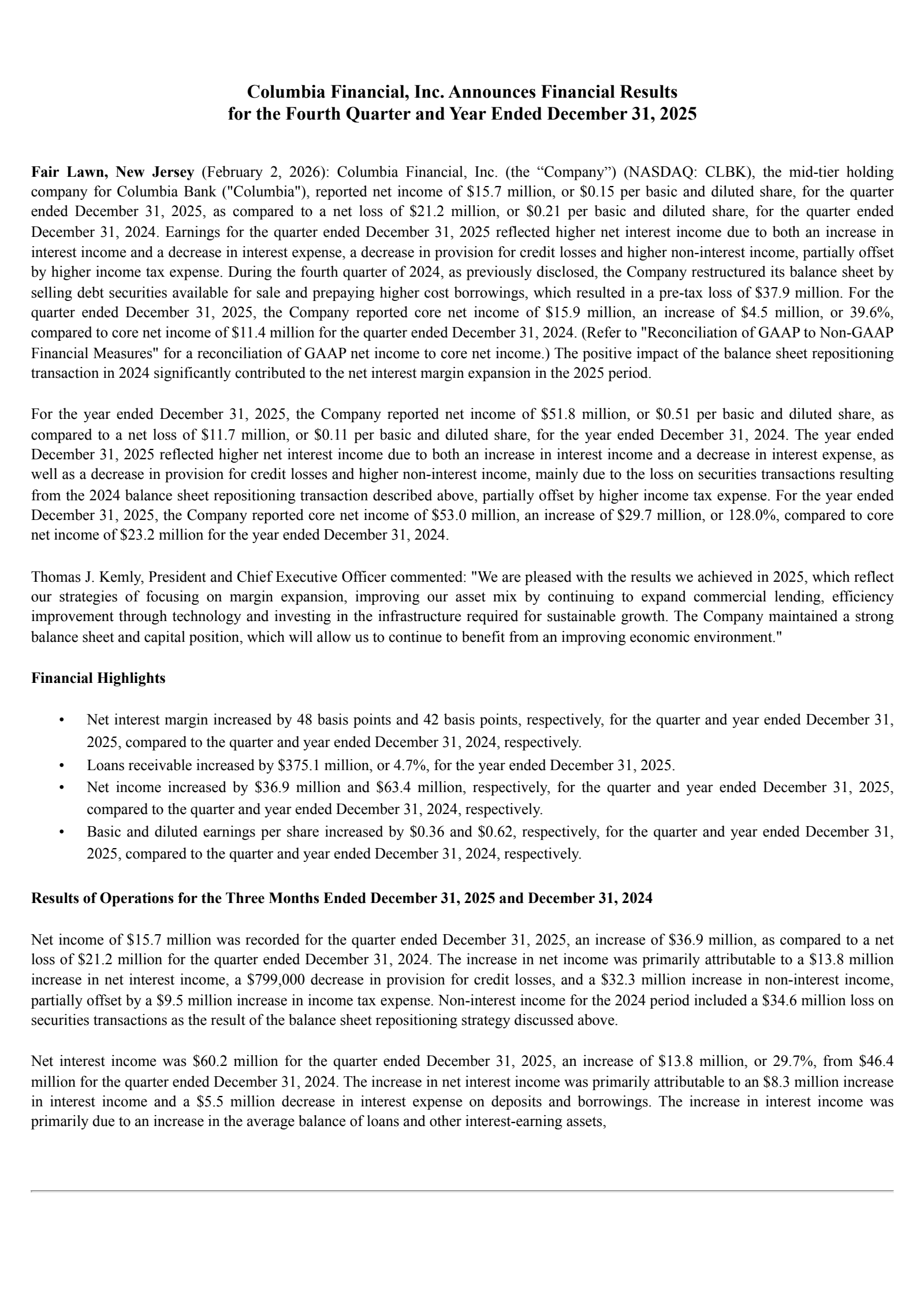 Columbia Financial's Q4 2025 Press Release
