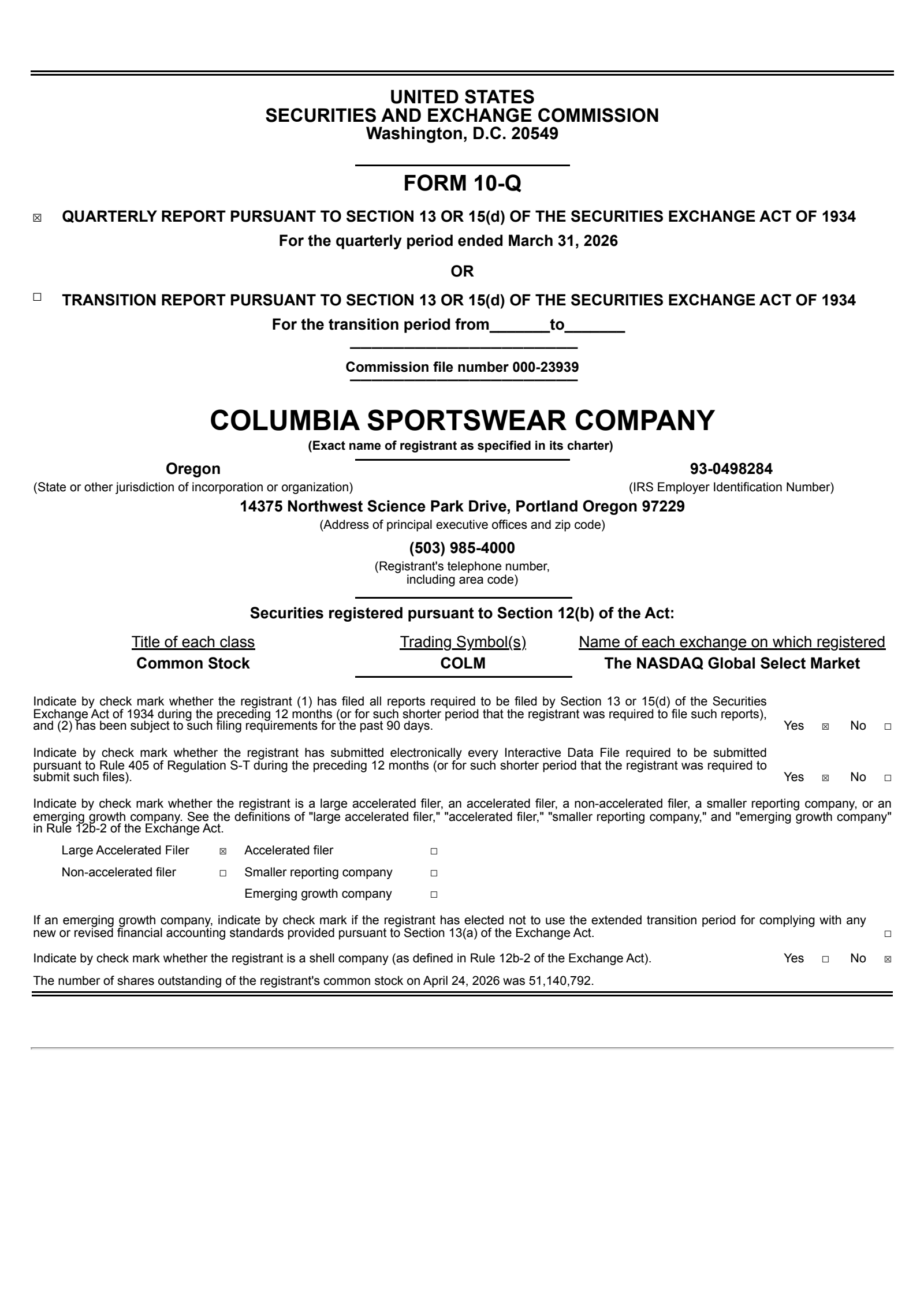 Columbia Sportswear's Q1 2026 Quarterly report