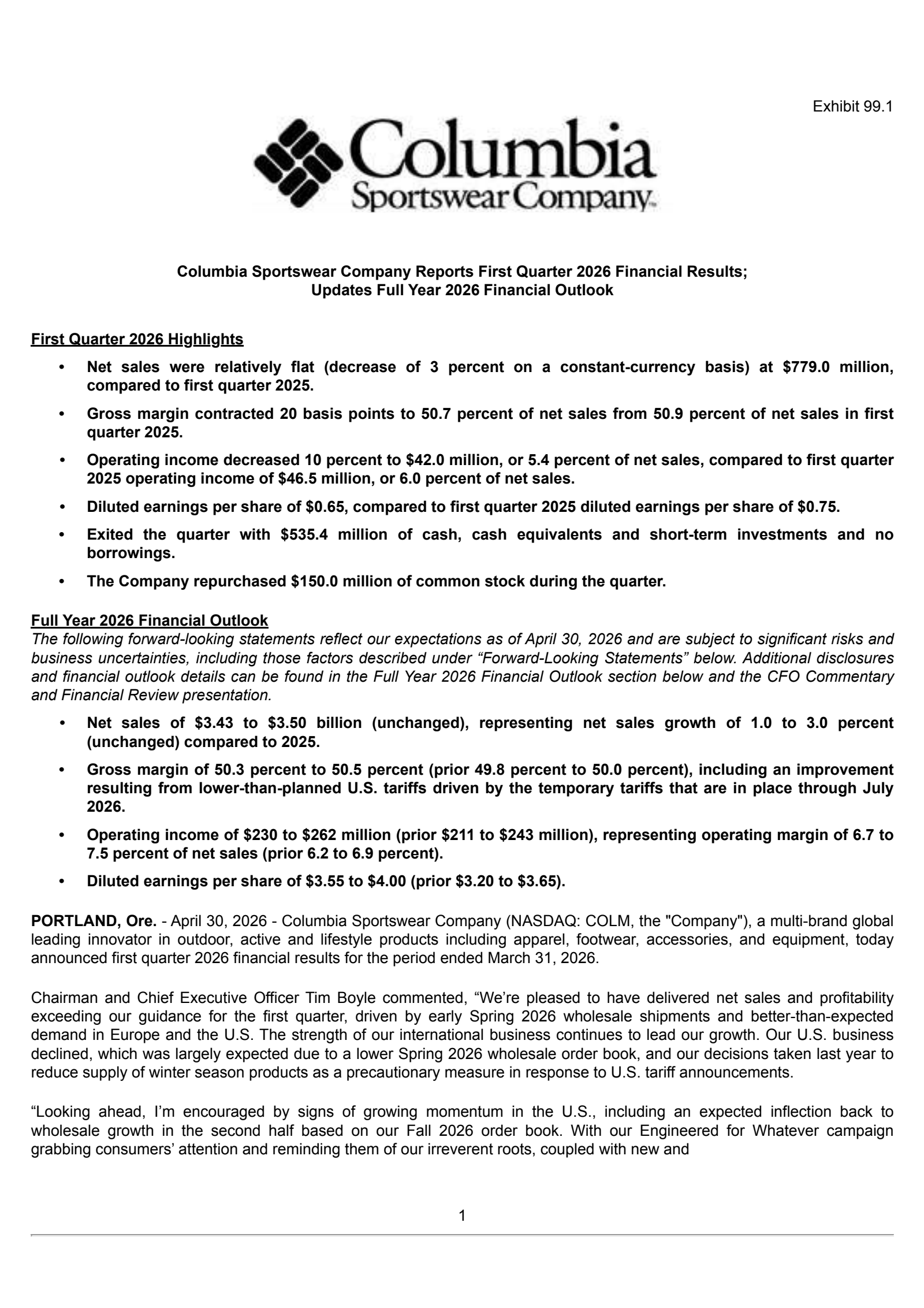 Columbia Sportswear's Q1 2026 Press Release