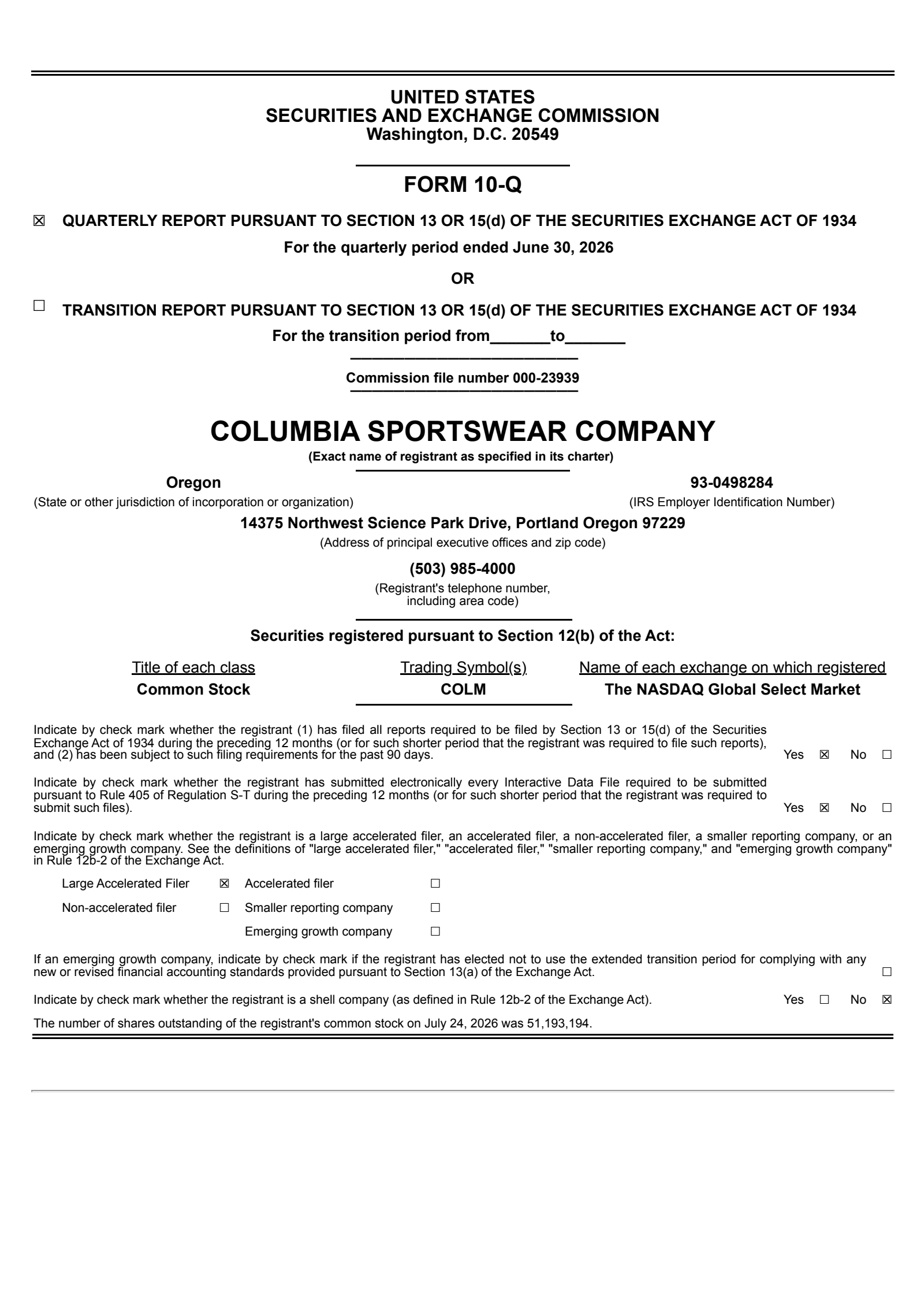 Columbia Sportswear's Q2 2026 Quarterly report