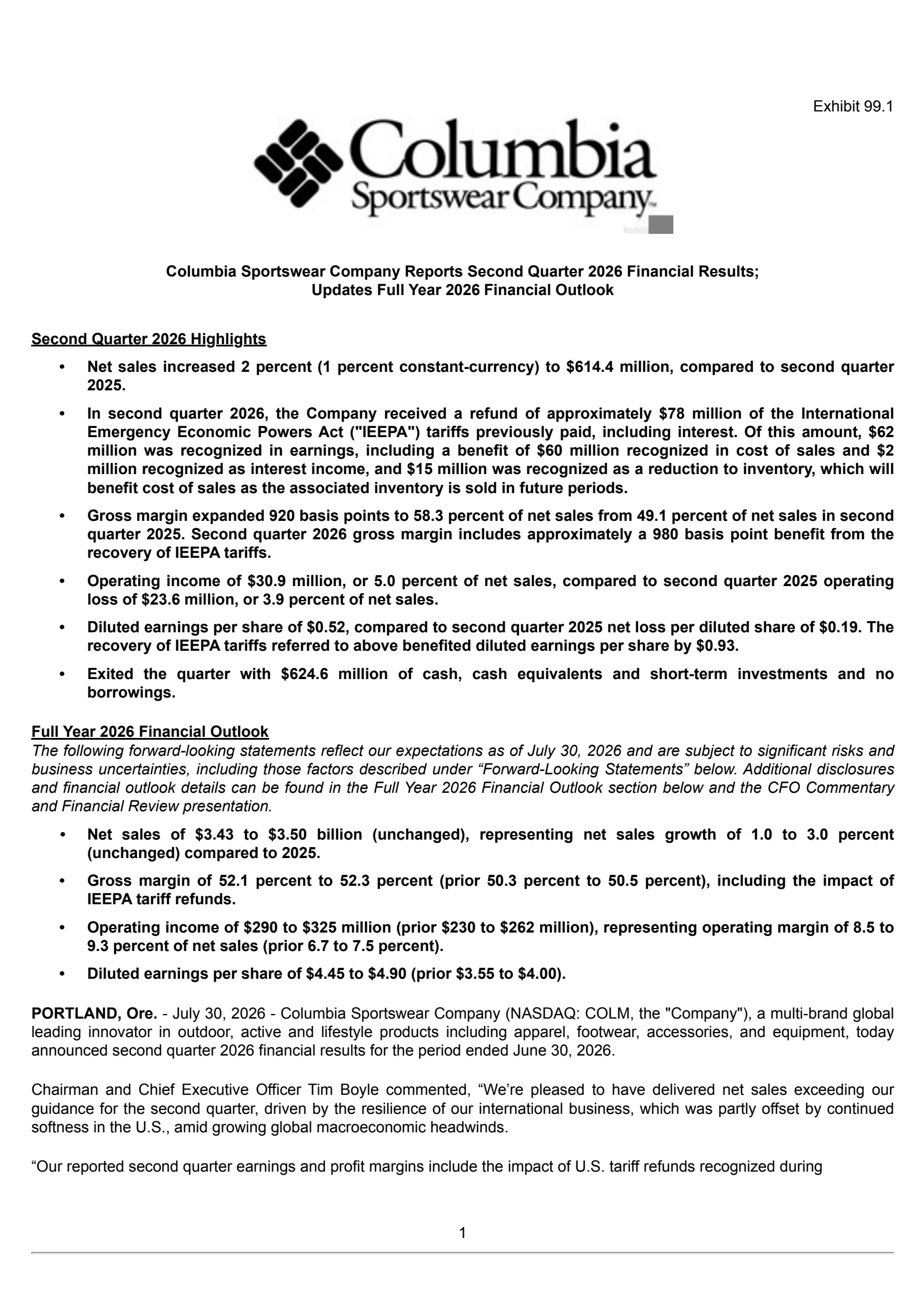 Columbia Sportswear's Q2 2026 Press Release