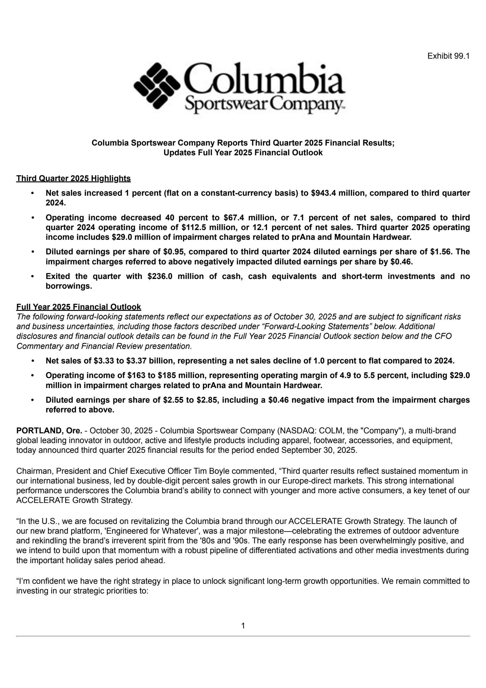 Columbia Sportswear's Q3 2025 Earnings Release