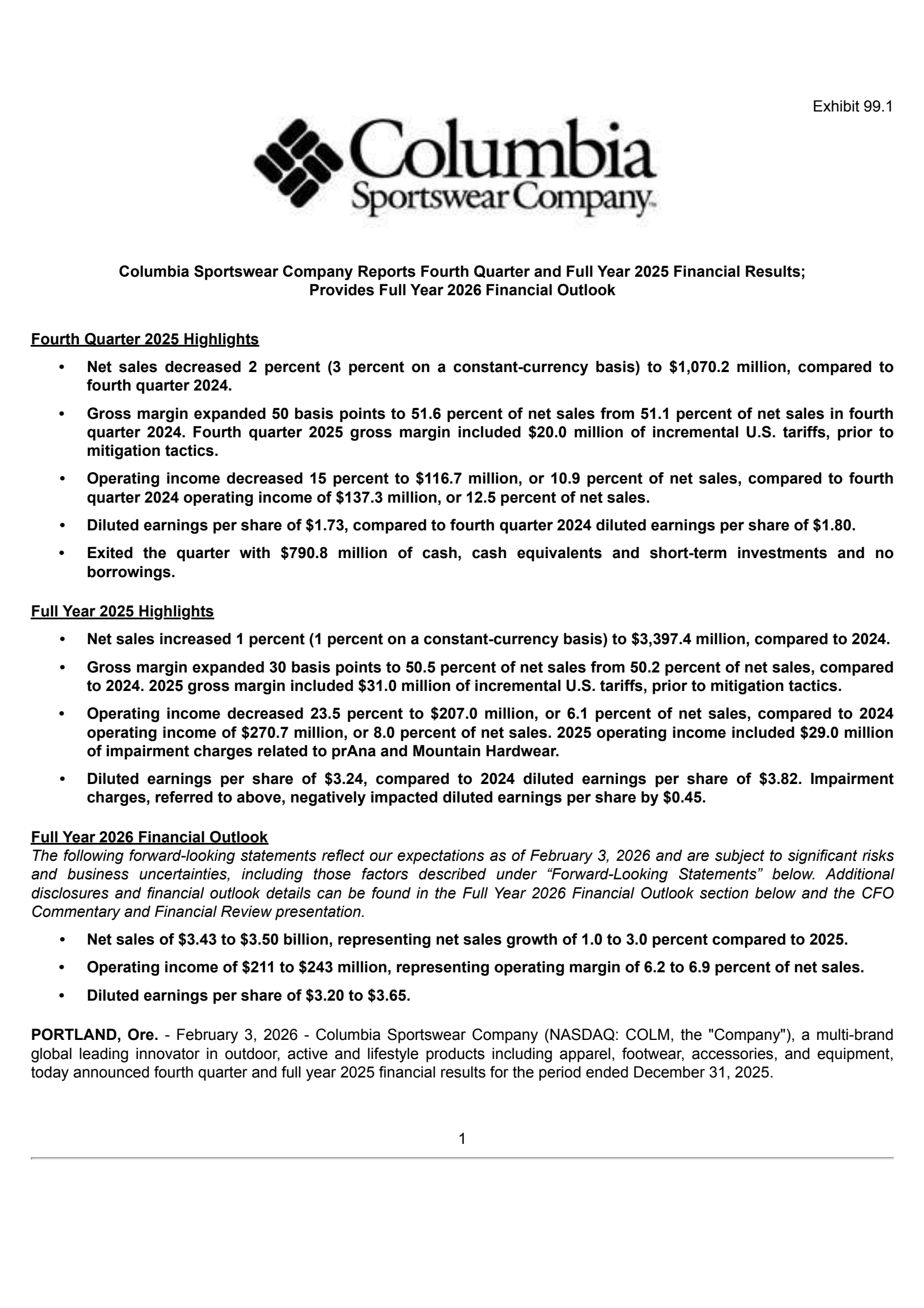 Columbia Sportswear's Q4 2025 Press Release