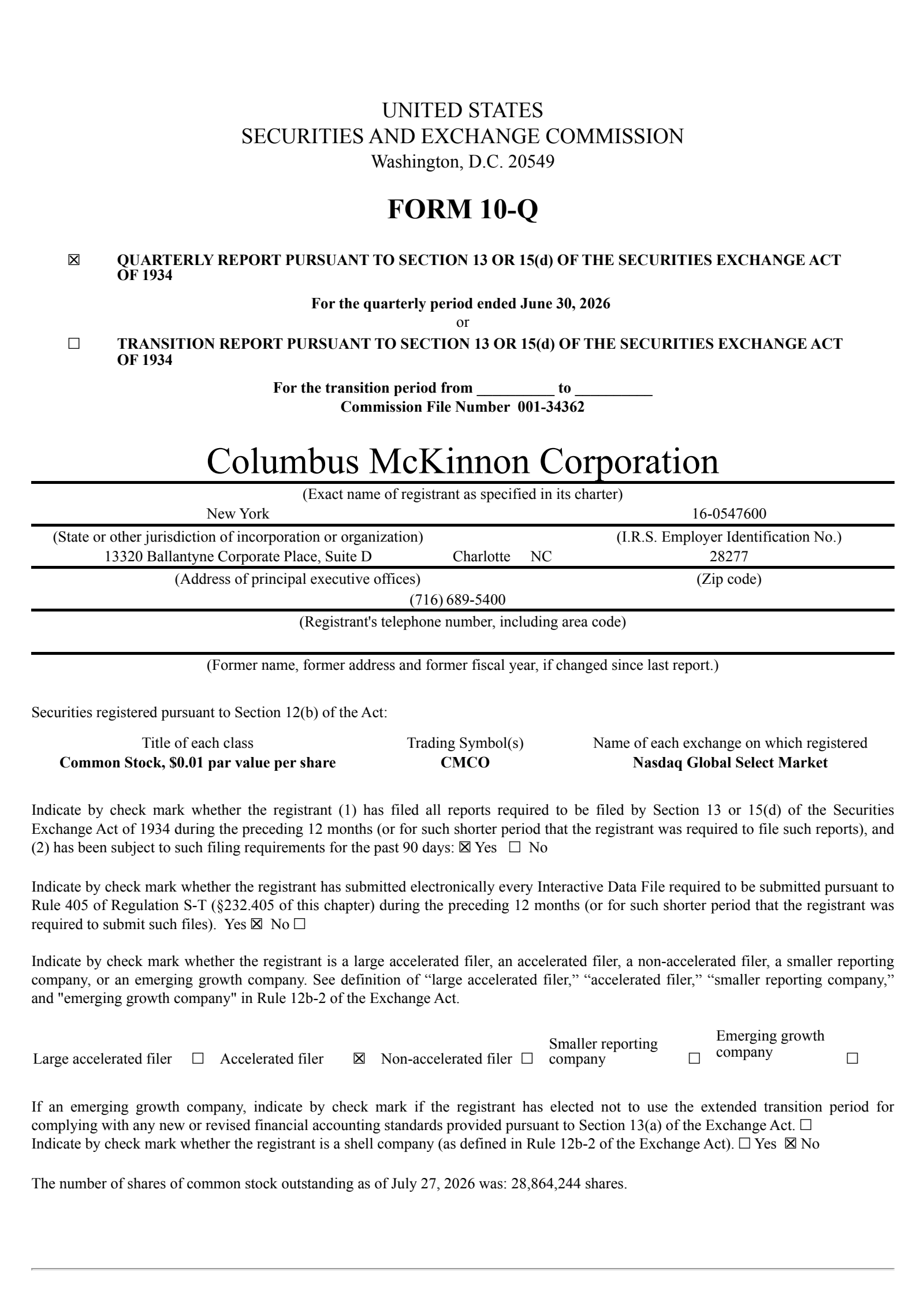 Columbus McKinnon's Q1 2027 Quarterly report