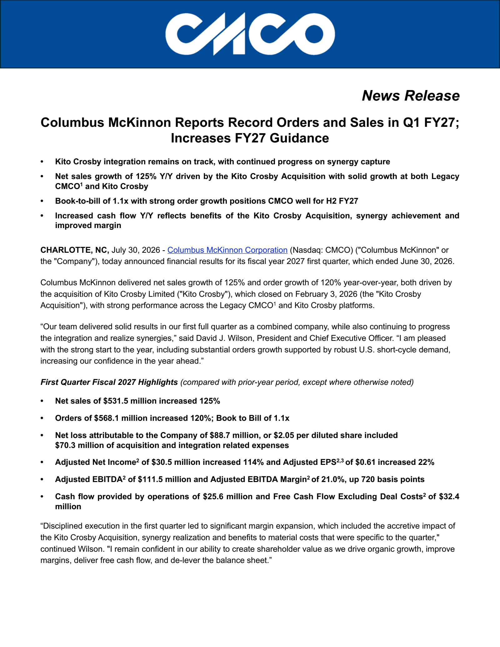Columbus McKinnon's Q1 2027 Press Release