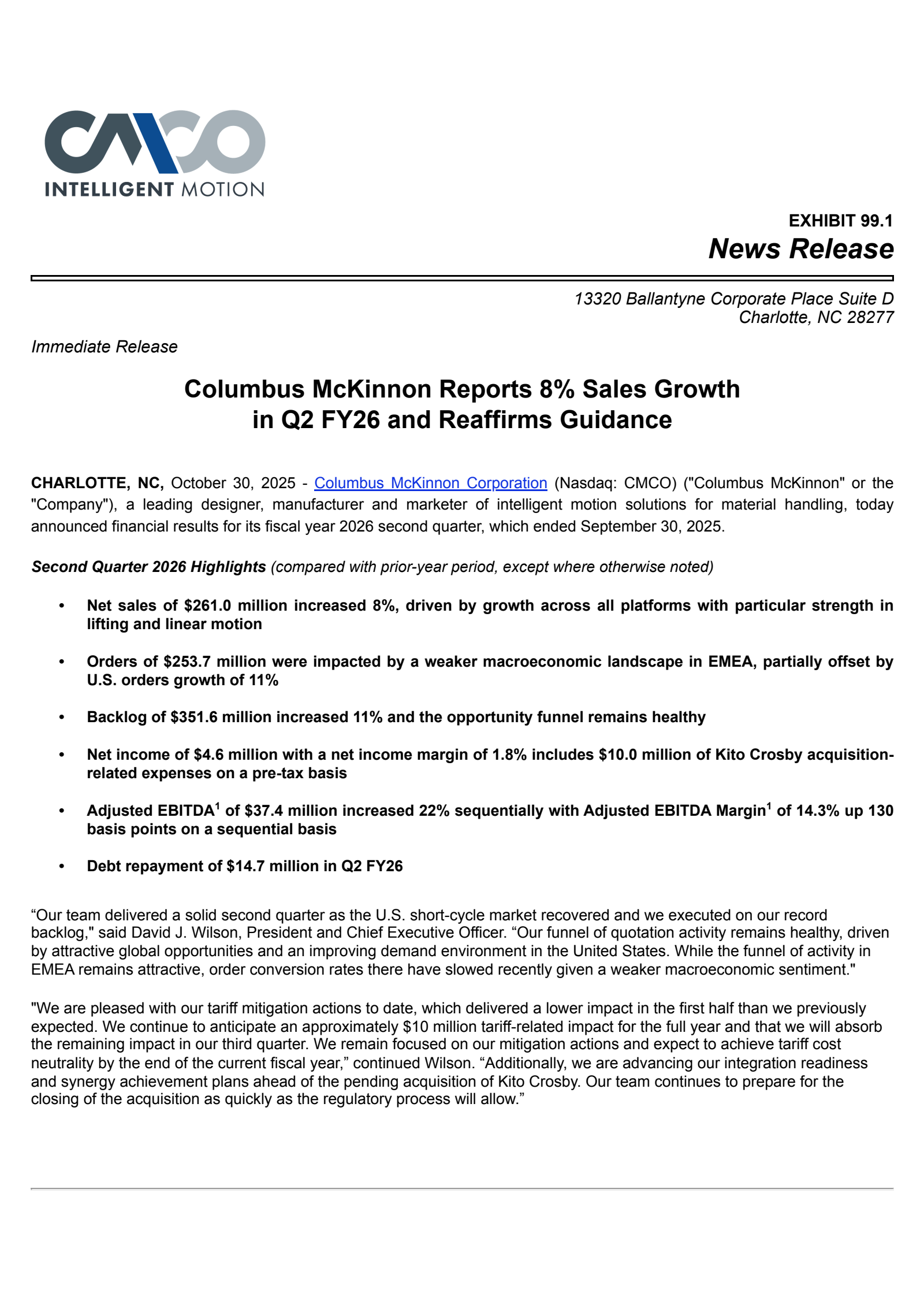 Columbus McKinnon's Q2 2026 Earnings Release