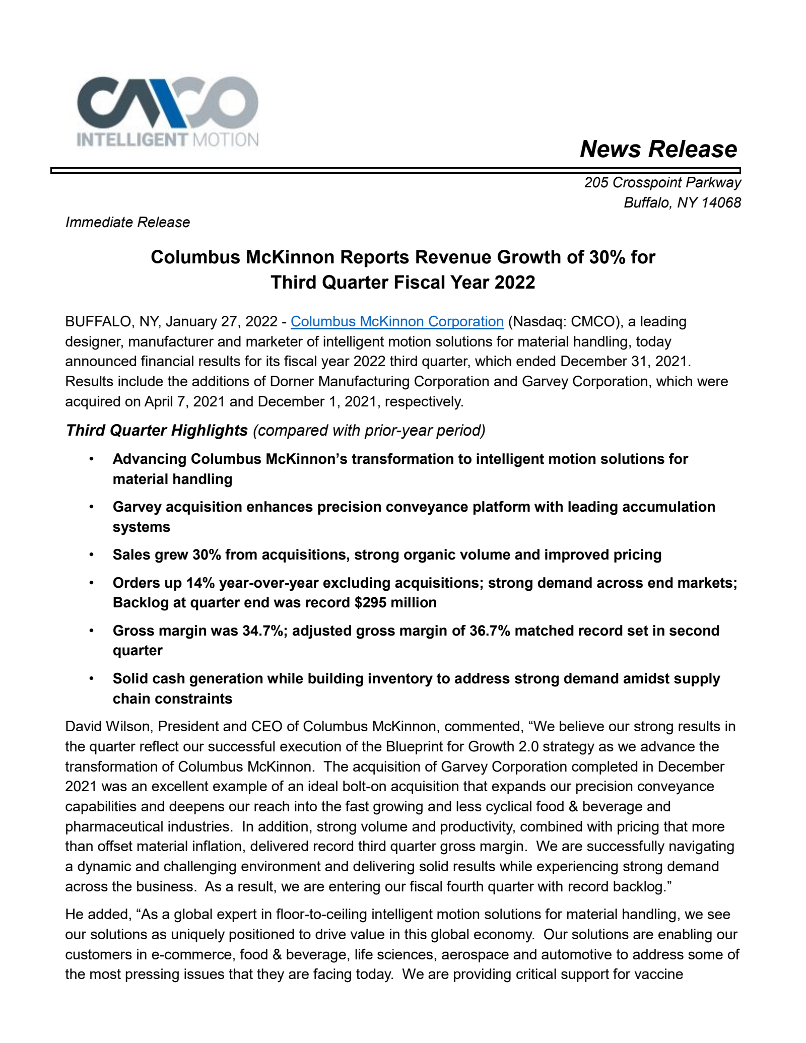 Columbus McKinnon's Q3 2022 Press Release