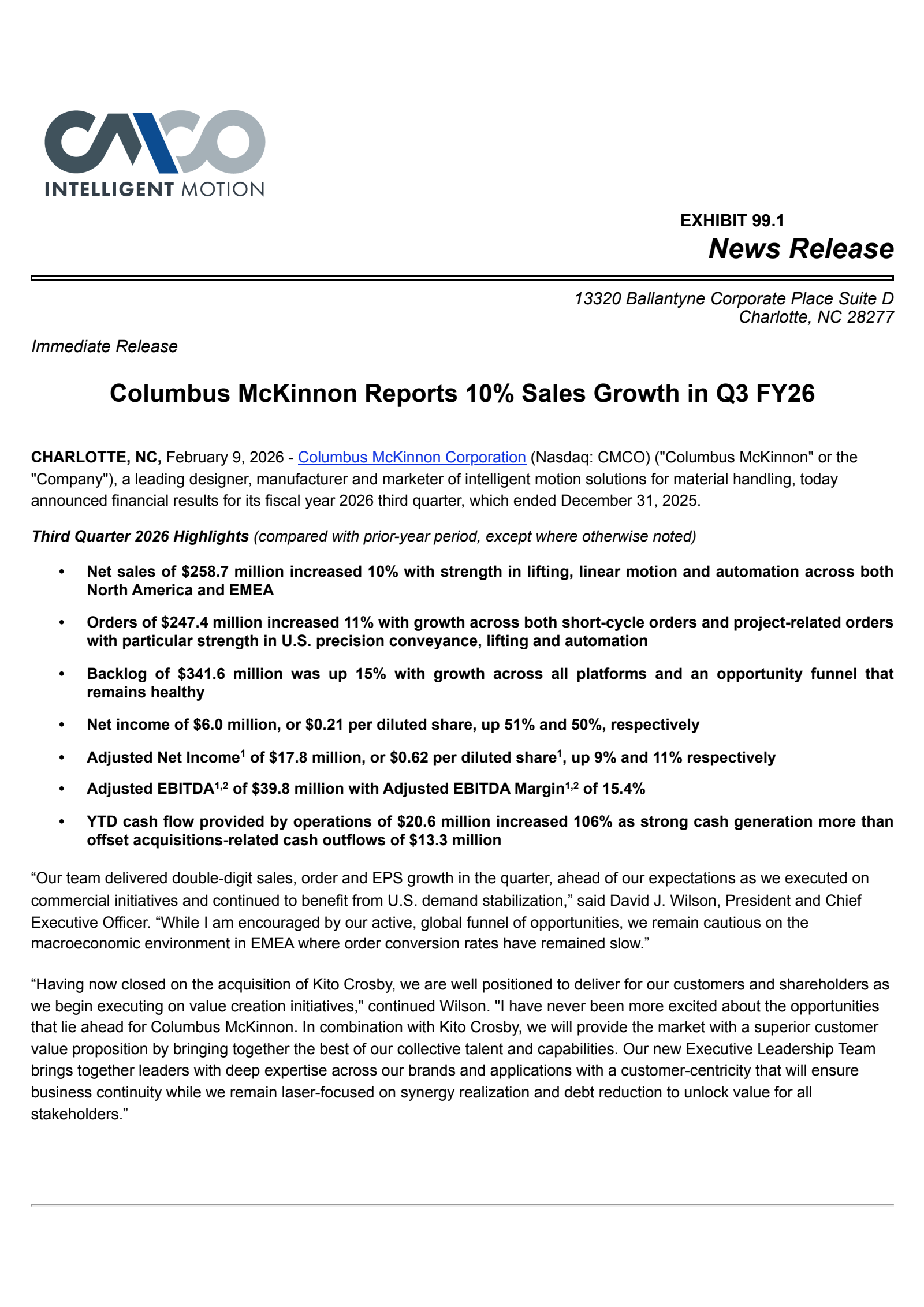 Columbus McKinnon's Q3 2026 Press Release