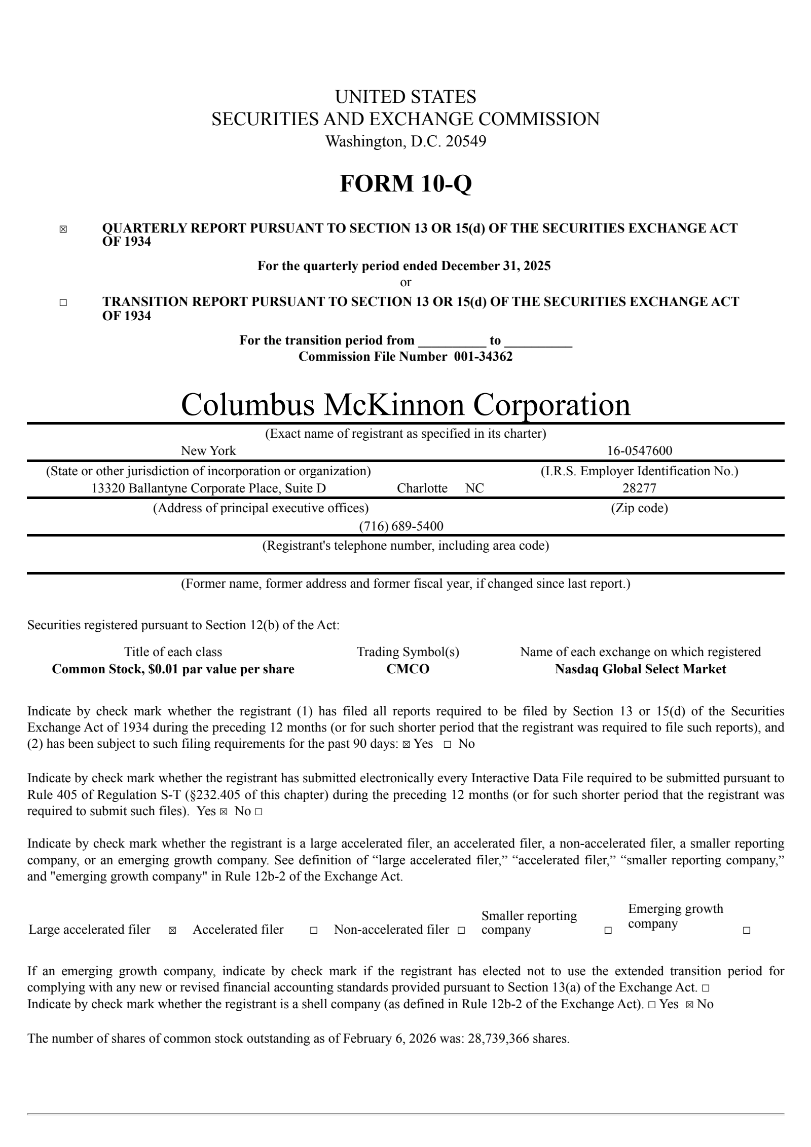 Columbus McKinnon's Q3 2026 Quarterly report
