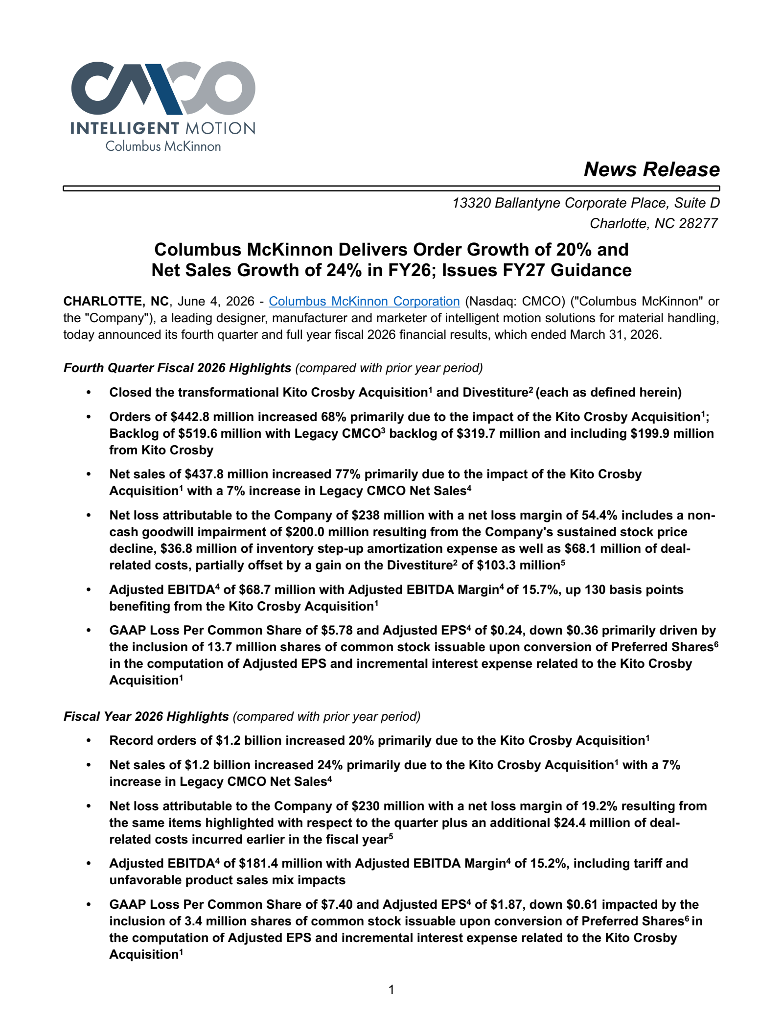 Columbus McKinnon's Q4 2026 Press Release