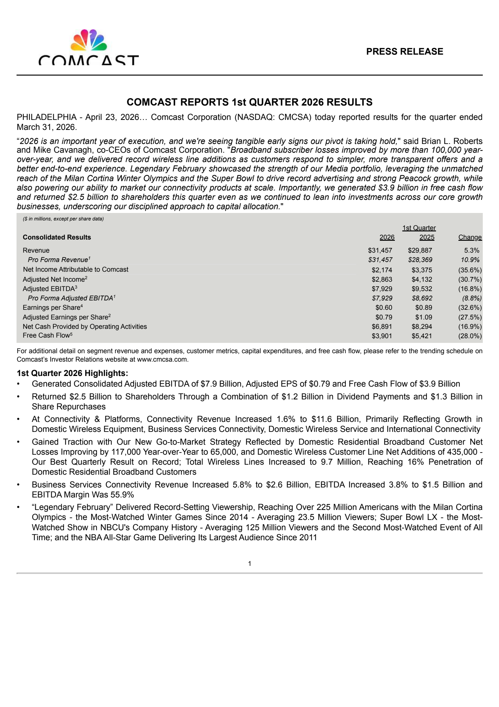 Comcast's Q1 2026 Press Release