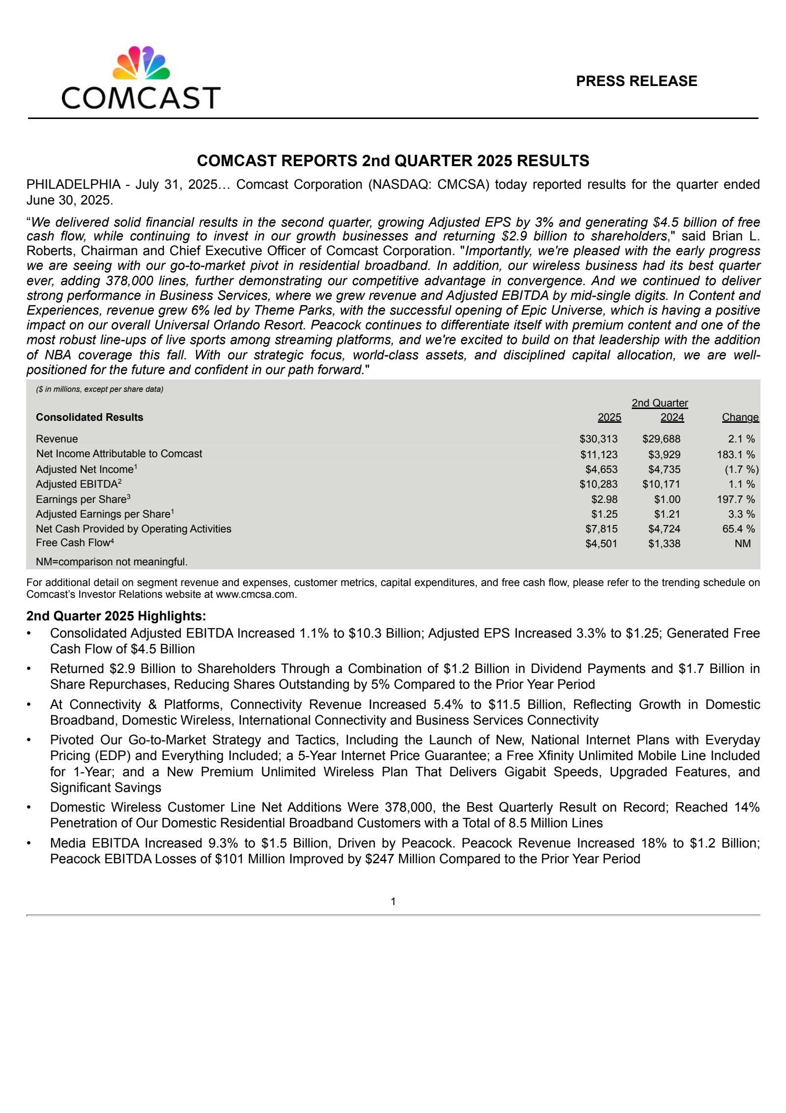 Comcast's Q2 2025 Press Release