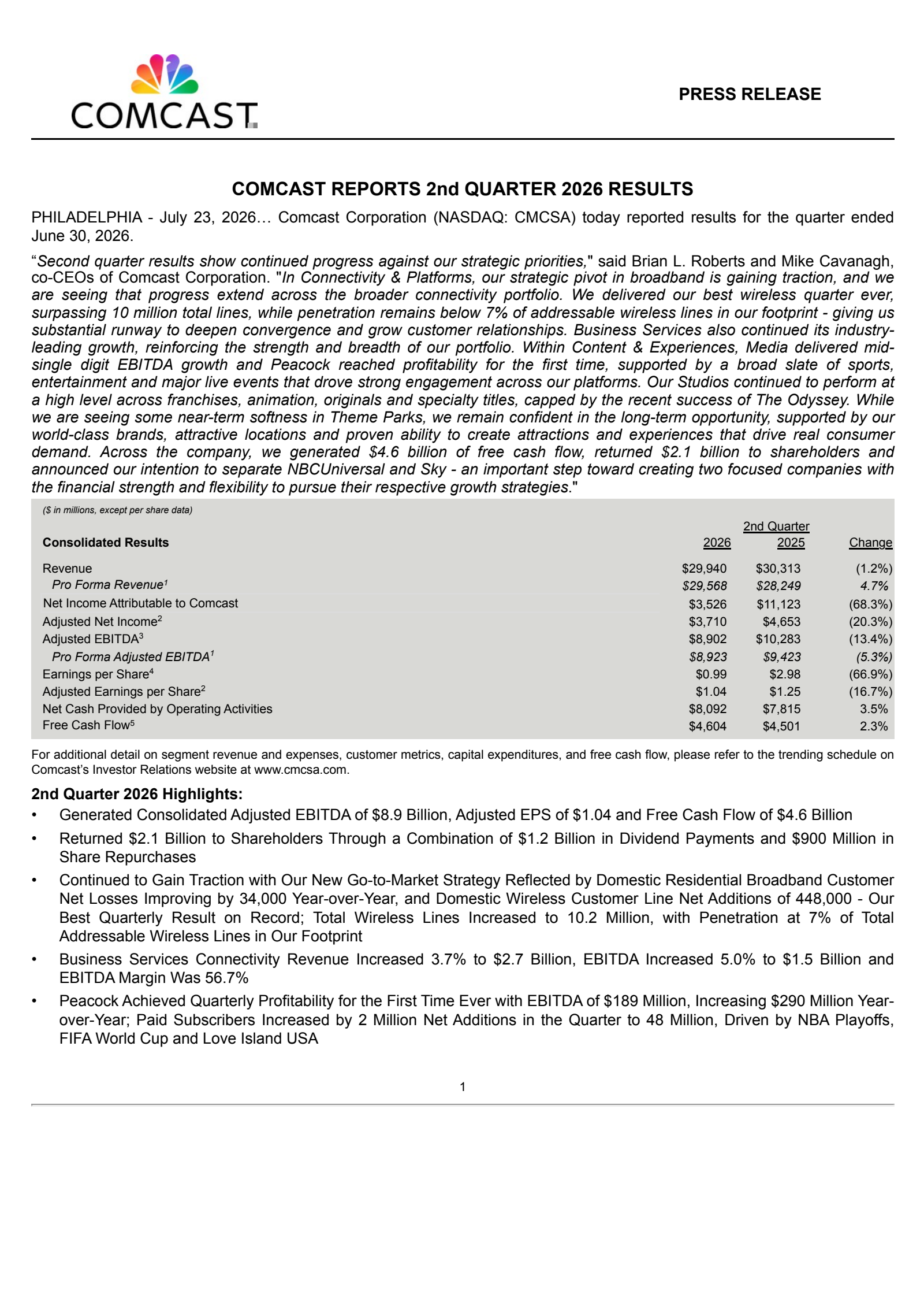 Comcast's Q2 2026 Press Release
