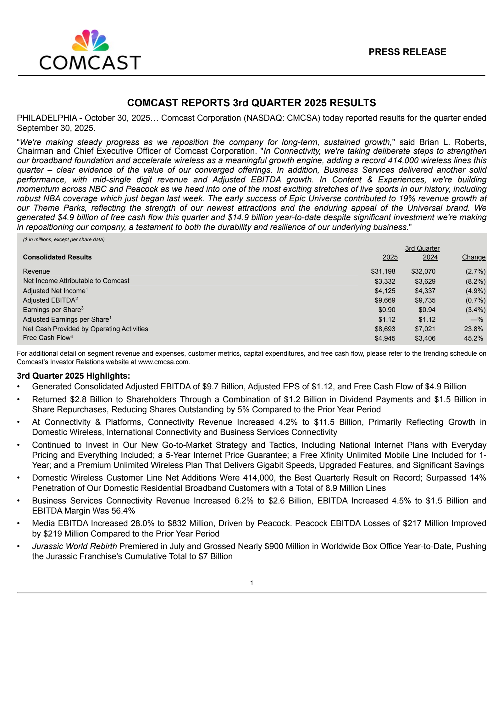 Comcast's Q3 2025 Earnings Release