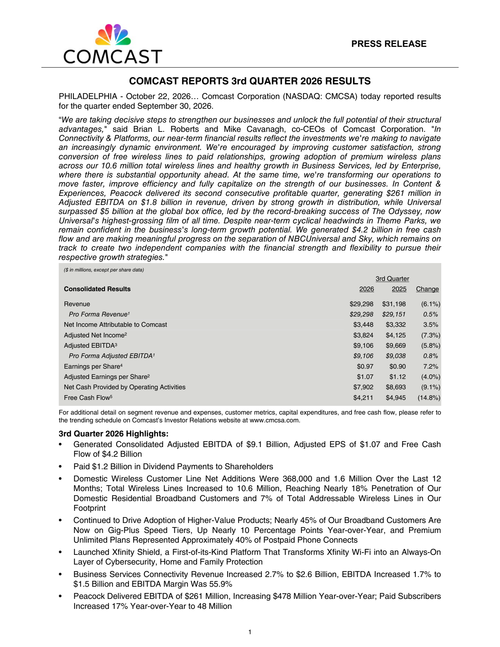 Comcast (CMCSA) Q3 2026 Earnings Results & Call Transcript