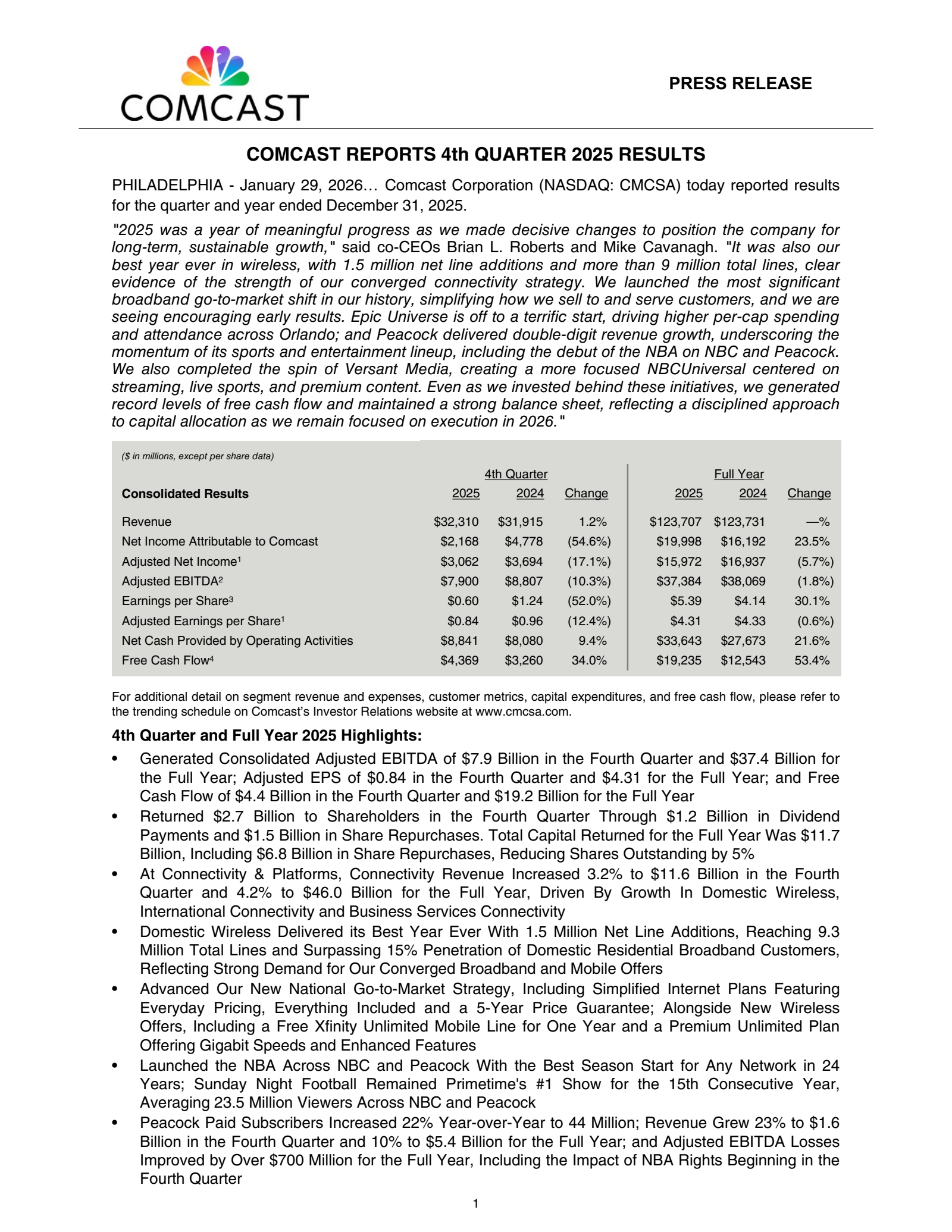Comcast's Q4 2025 Press Release