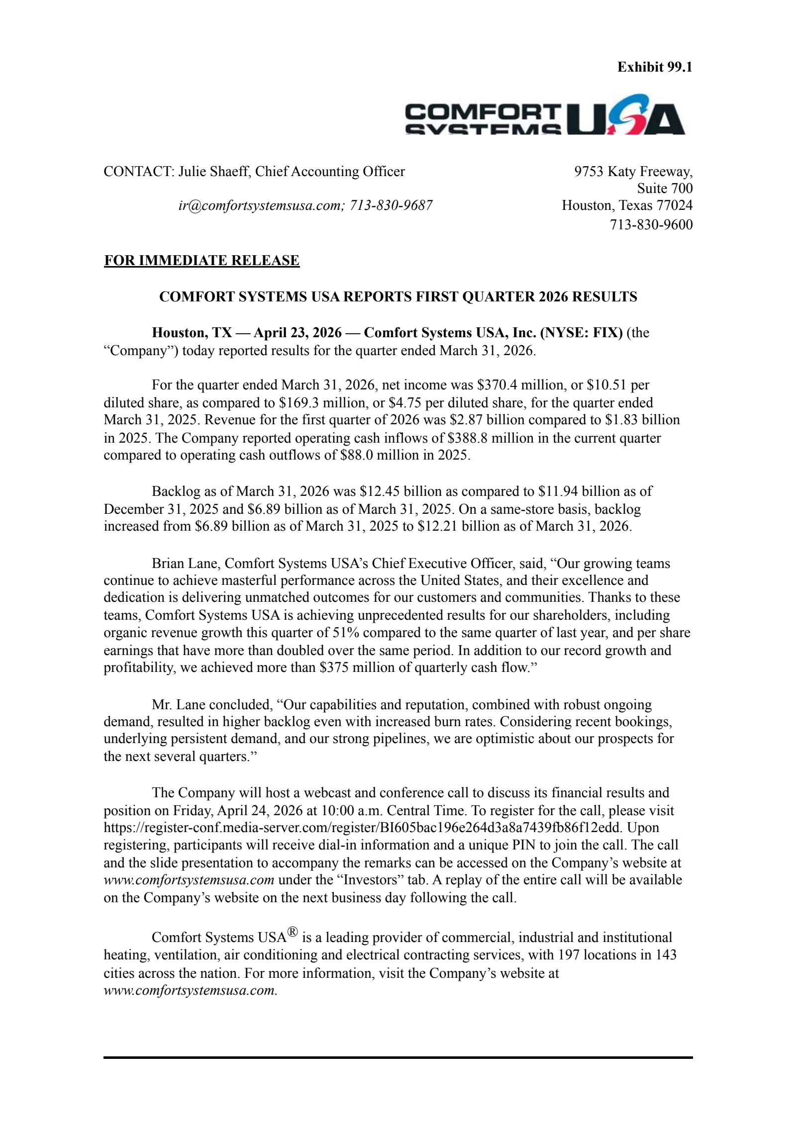 Comfort Systems USA's Q1 2026 Press Release