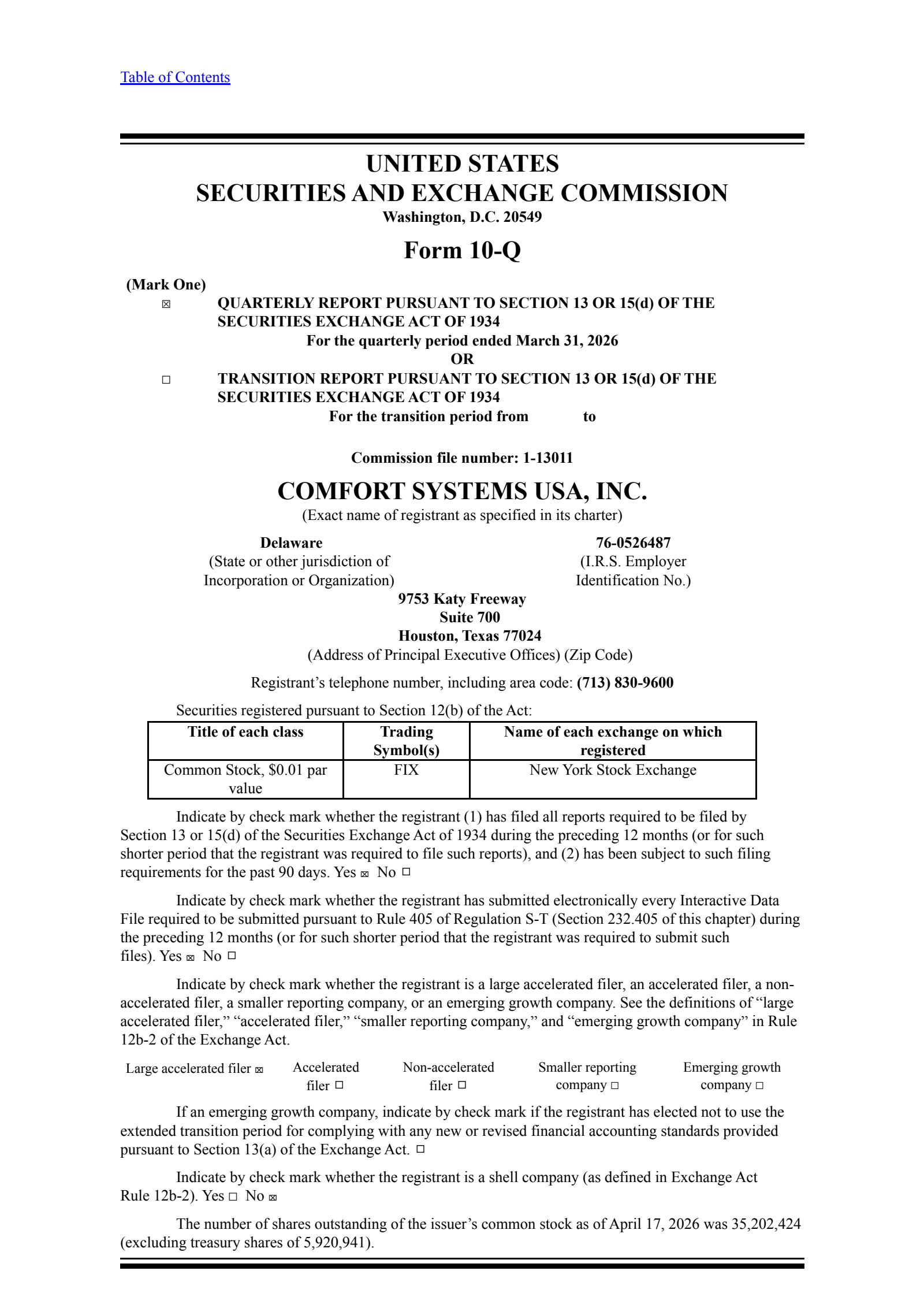 Comfort Systems USA's Q1 2026 Quarterly report