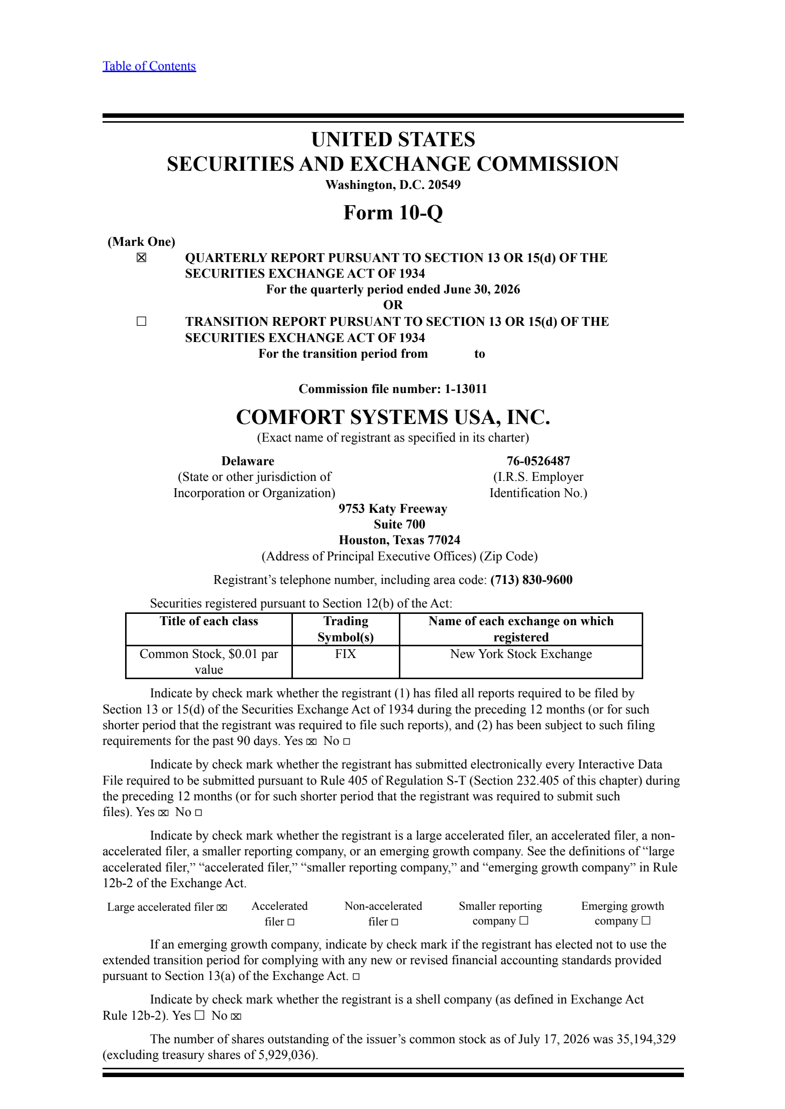 Comfort Systems USA's Q2 2026 Quarterly report
