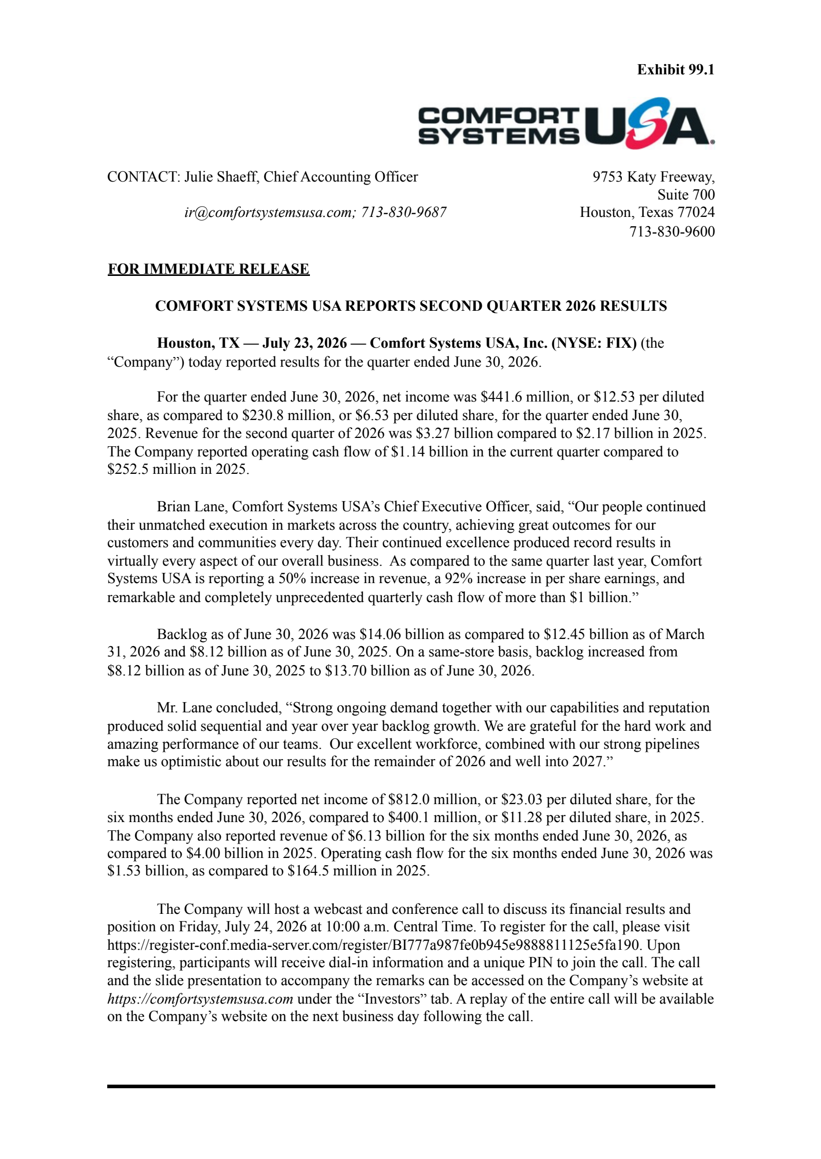 Comfort Systems USA's Q2 2026 Press Release