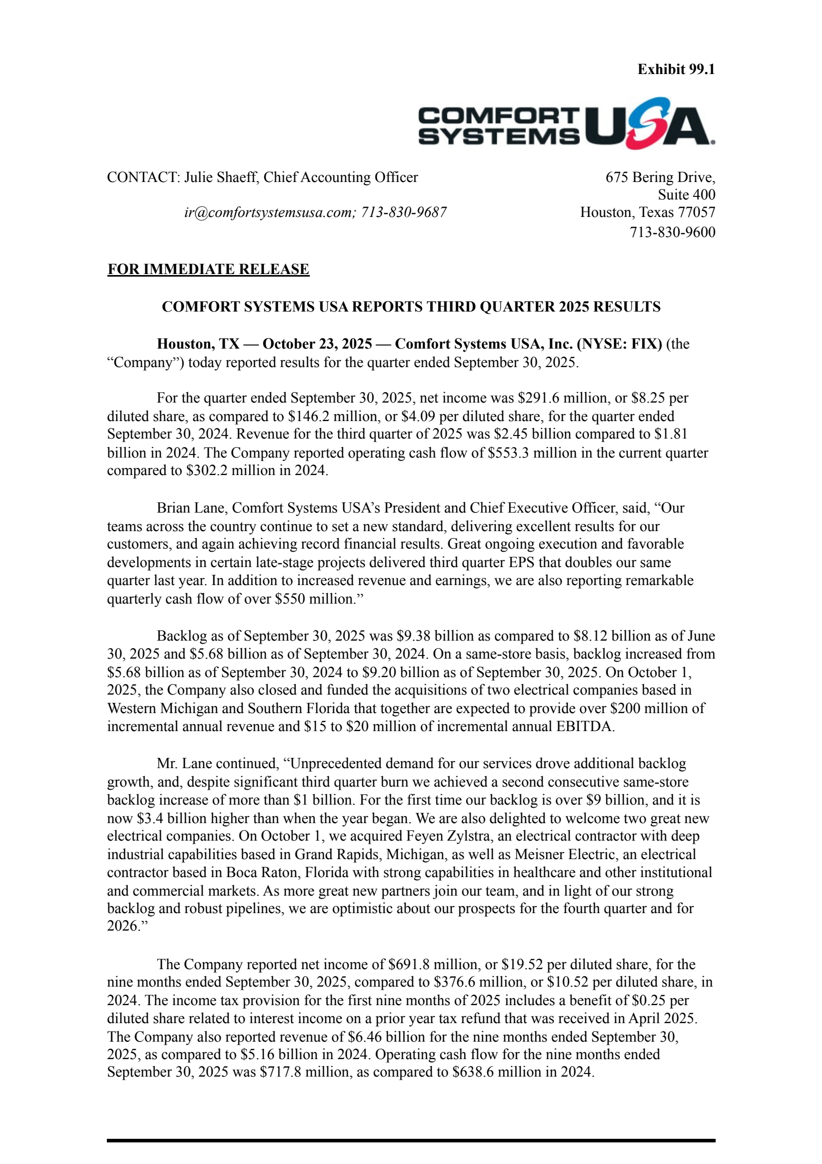 Comfort Systems USA's Q3 2025 Earnings Release