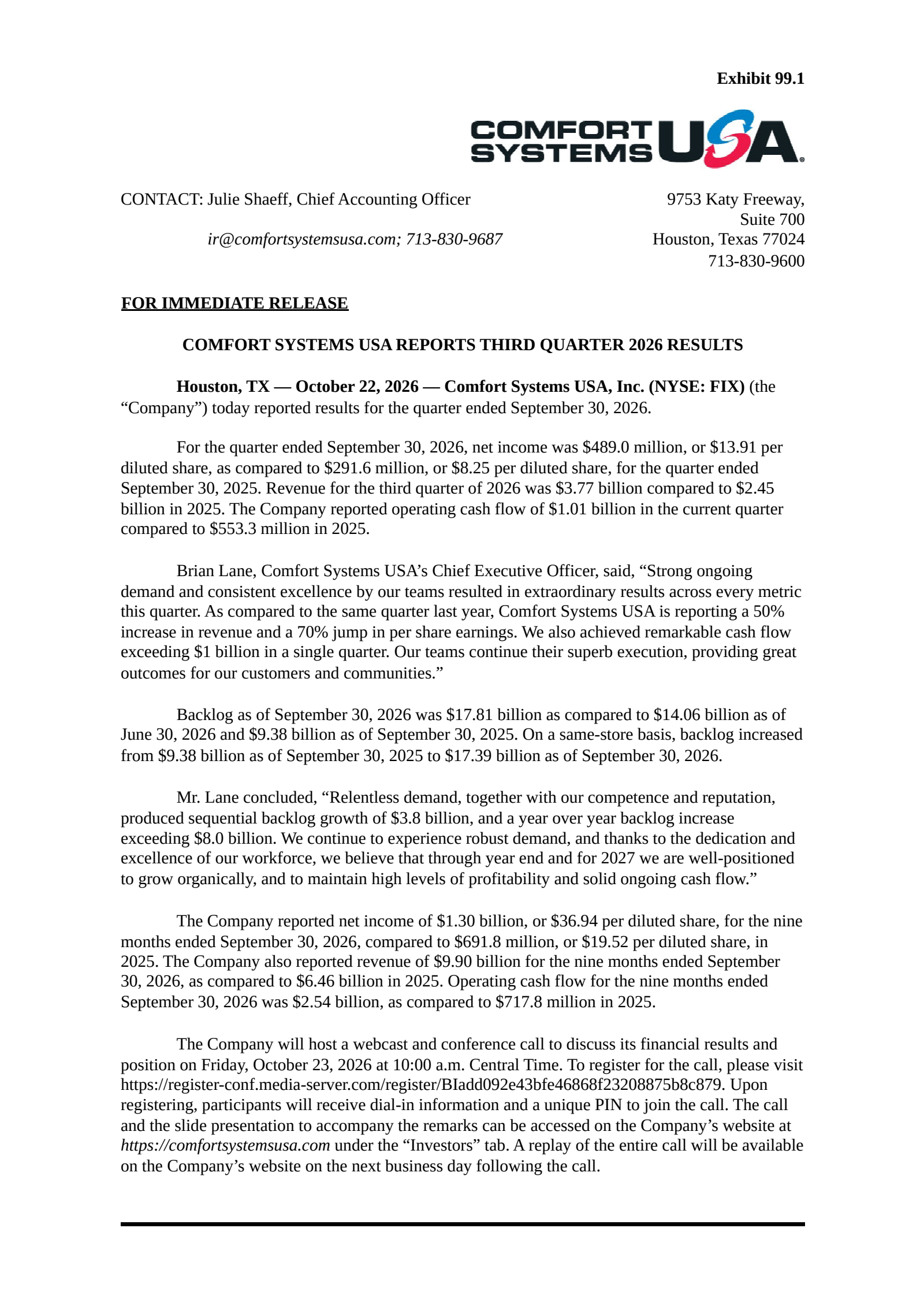 Comfort Systems USA's Q3 2026 Press Release