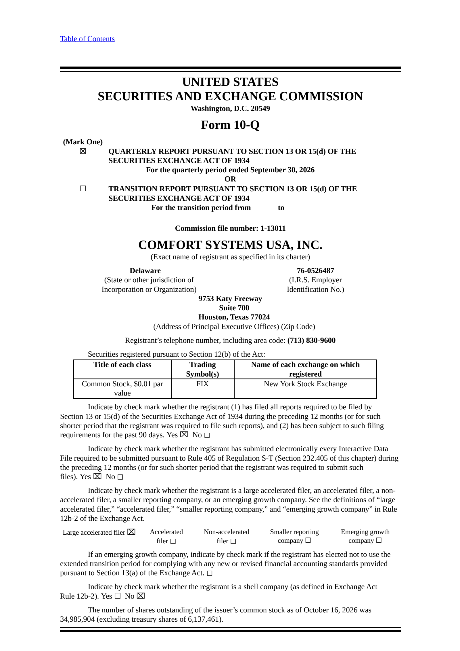 Comfort Systems USA's Q3 2026 Quarterly report