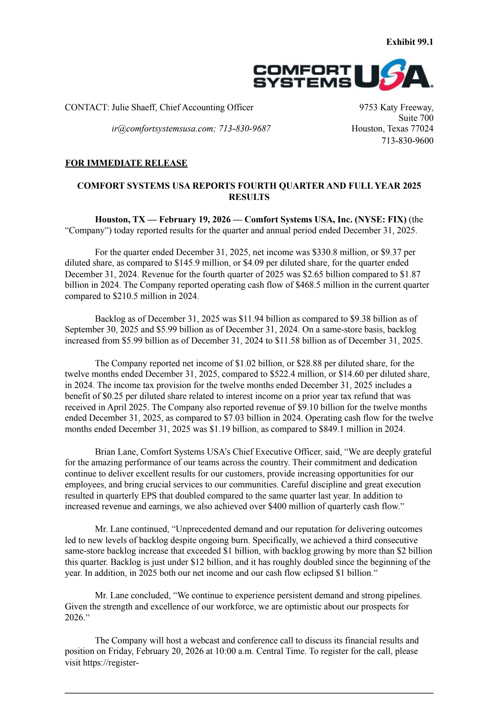 Comfort Systems USA's Q4 2025 Press Release