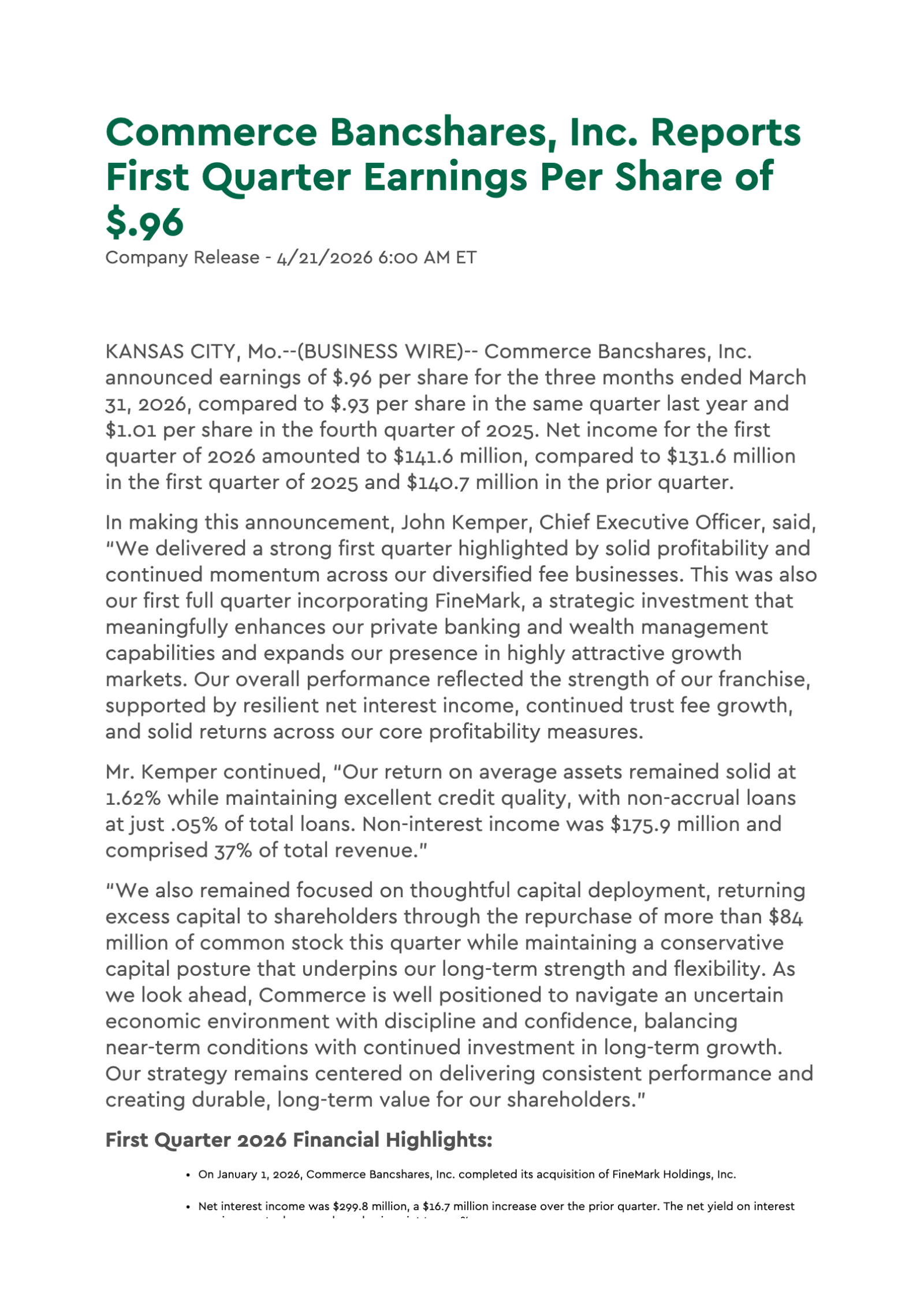 Commerce Bancshares' Q1 2026 Press Release