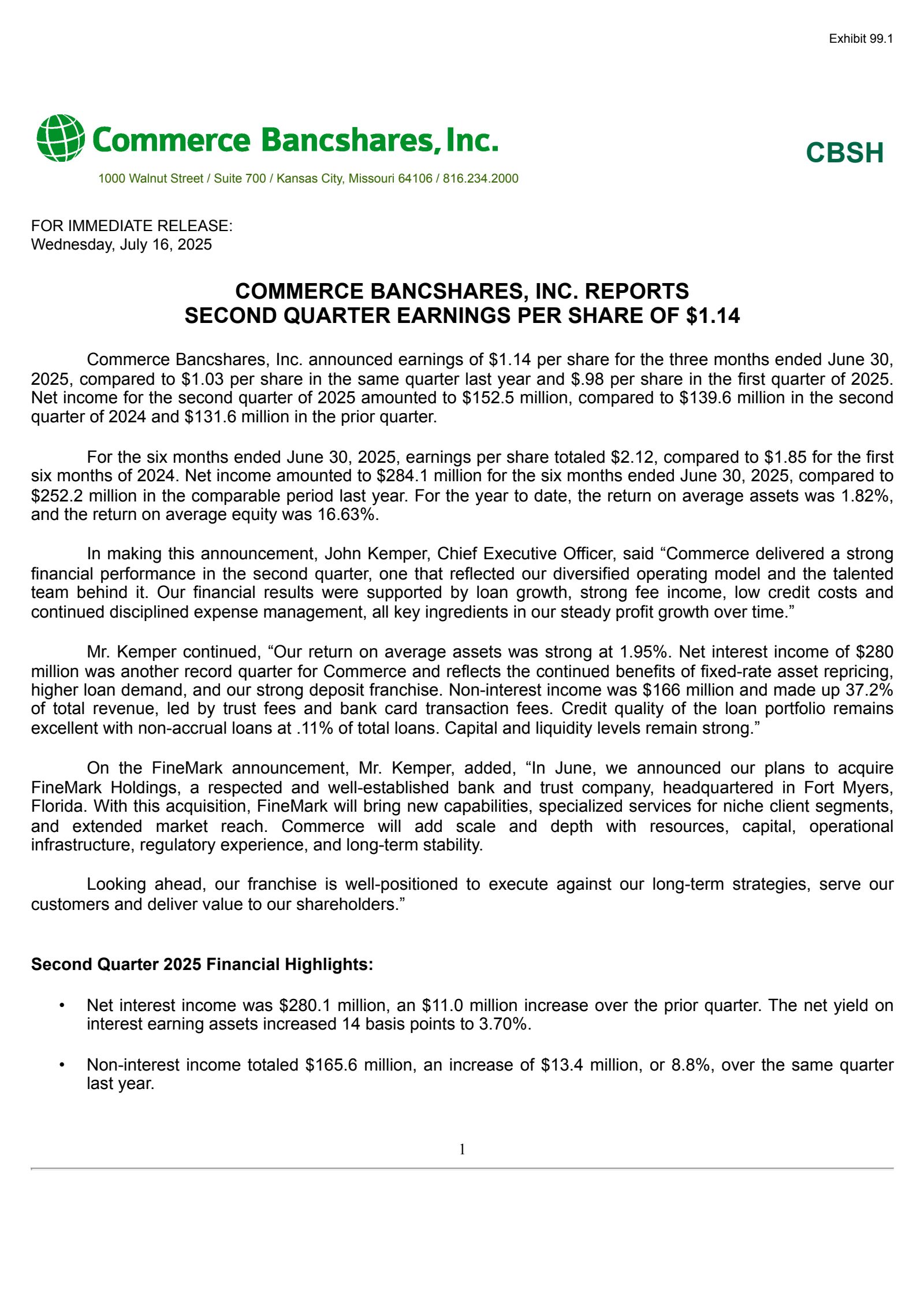 Commerce Bancshares' Q2 2025 Press Release